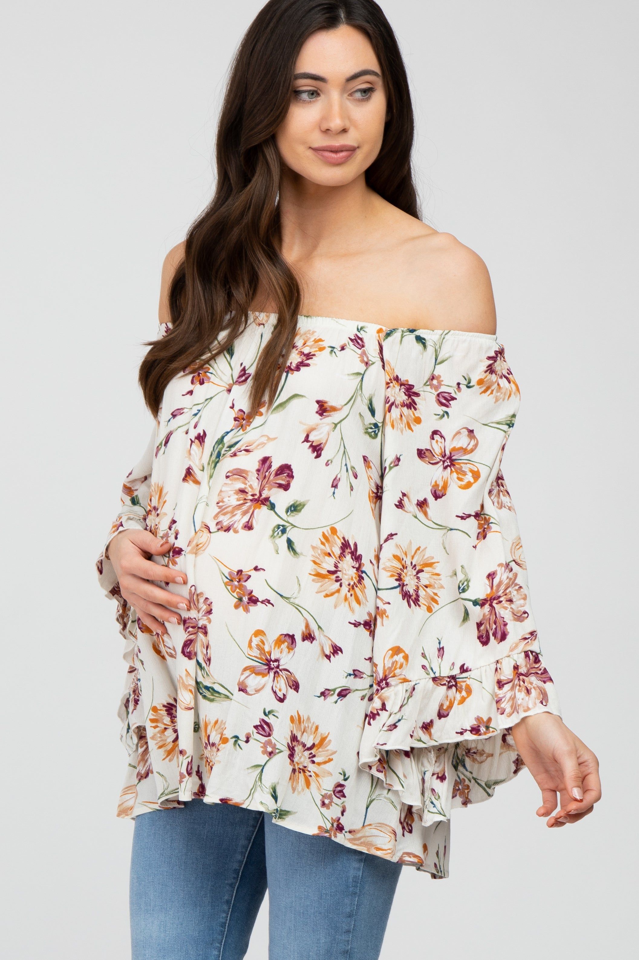 Ivory Floral Square Neck Ruffle Sleeve Maternity Top sold by Pinkblush product image thumbnail 3