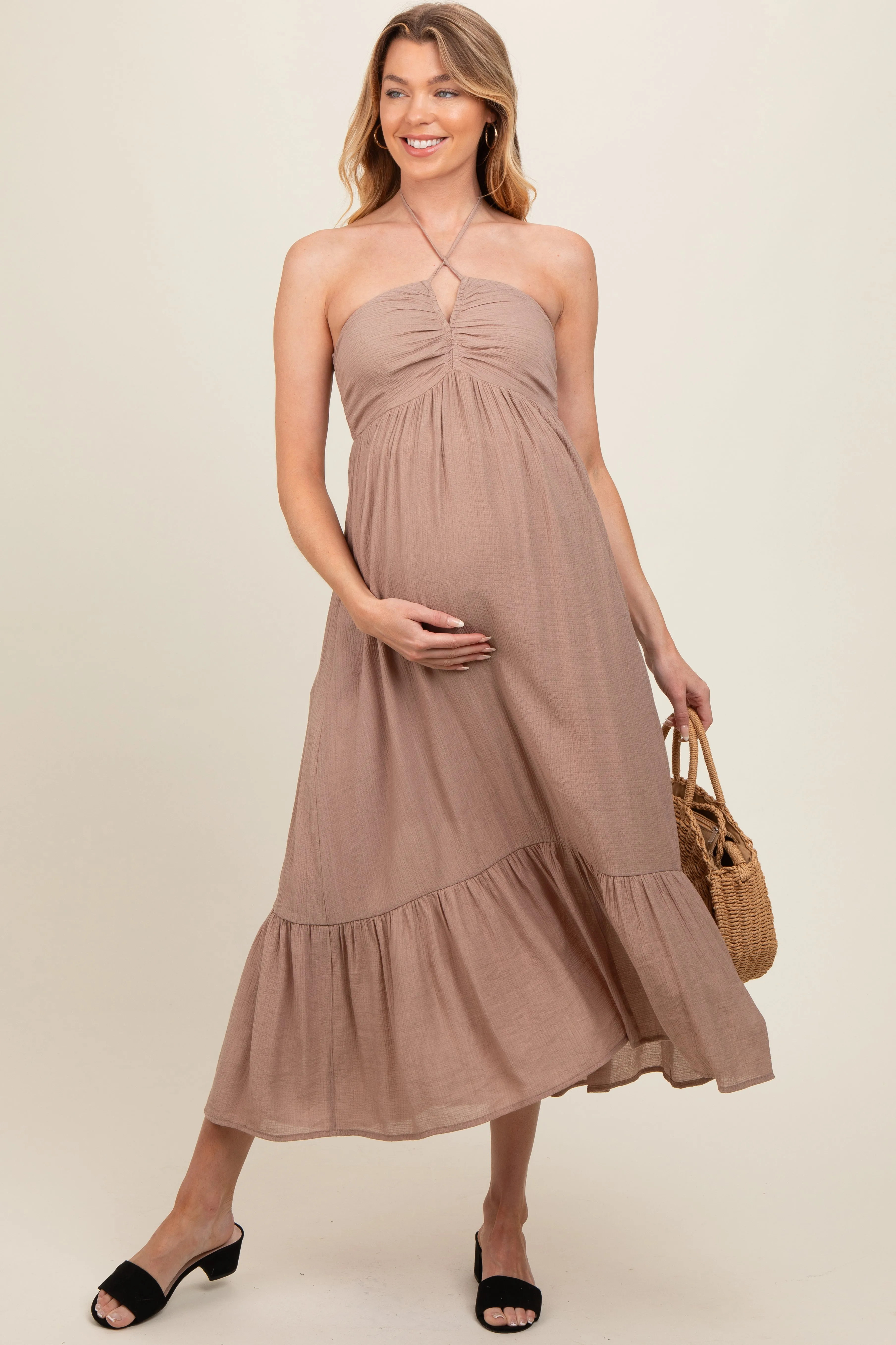 Taupe V-Front Halter Maternity Midi Dress sold by Pinkblush product image thumbnail 2