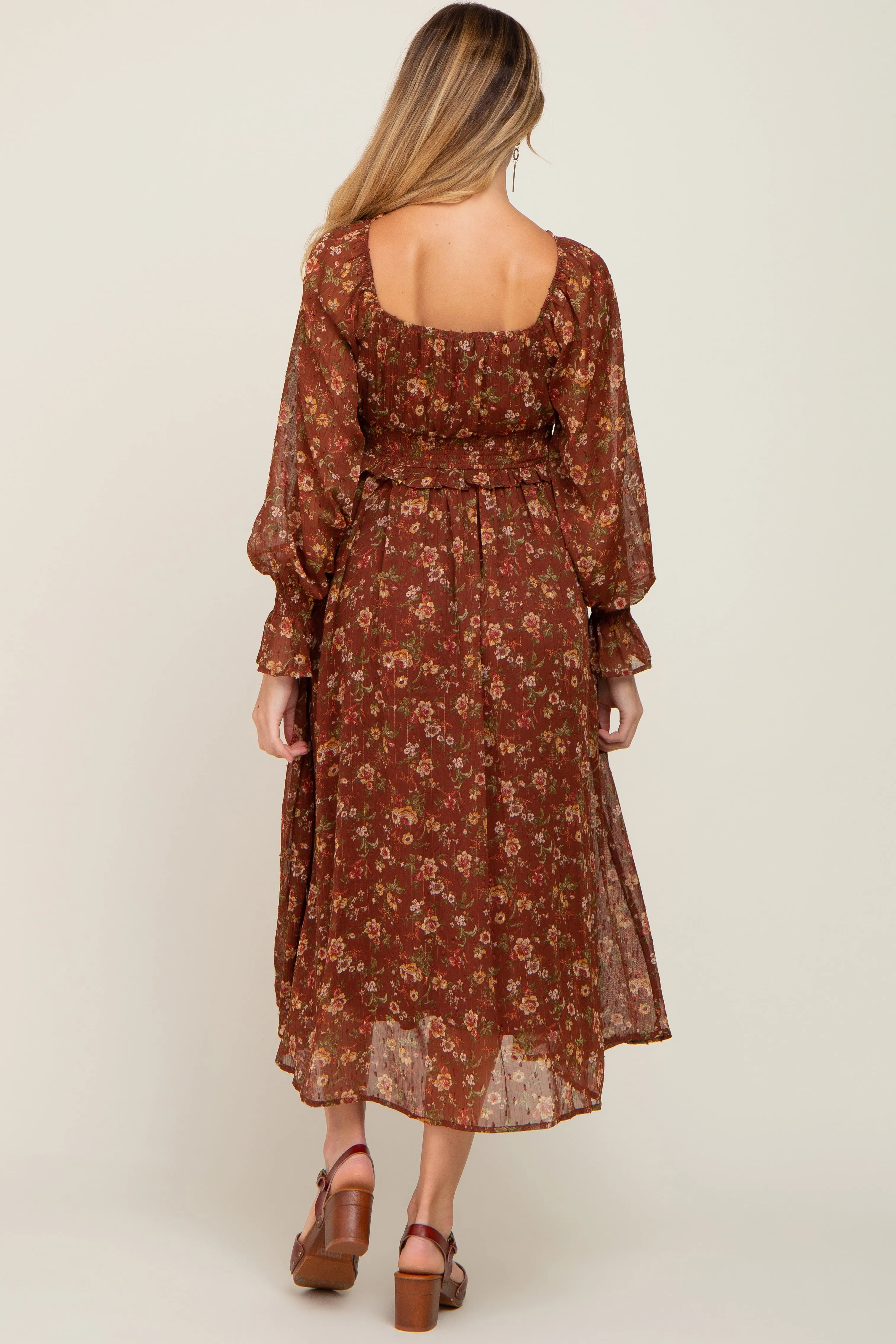 Brown Floral Chiffon Smocked Waist Maternity Midi Dress sold by Pinkblush product image thumbnail 3