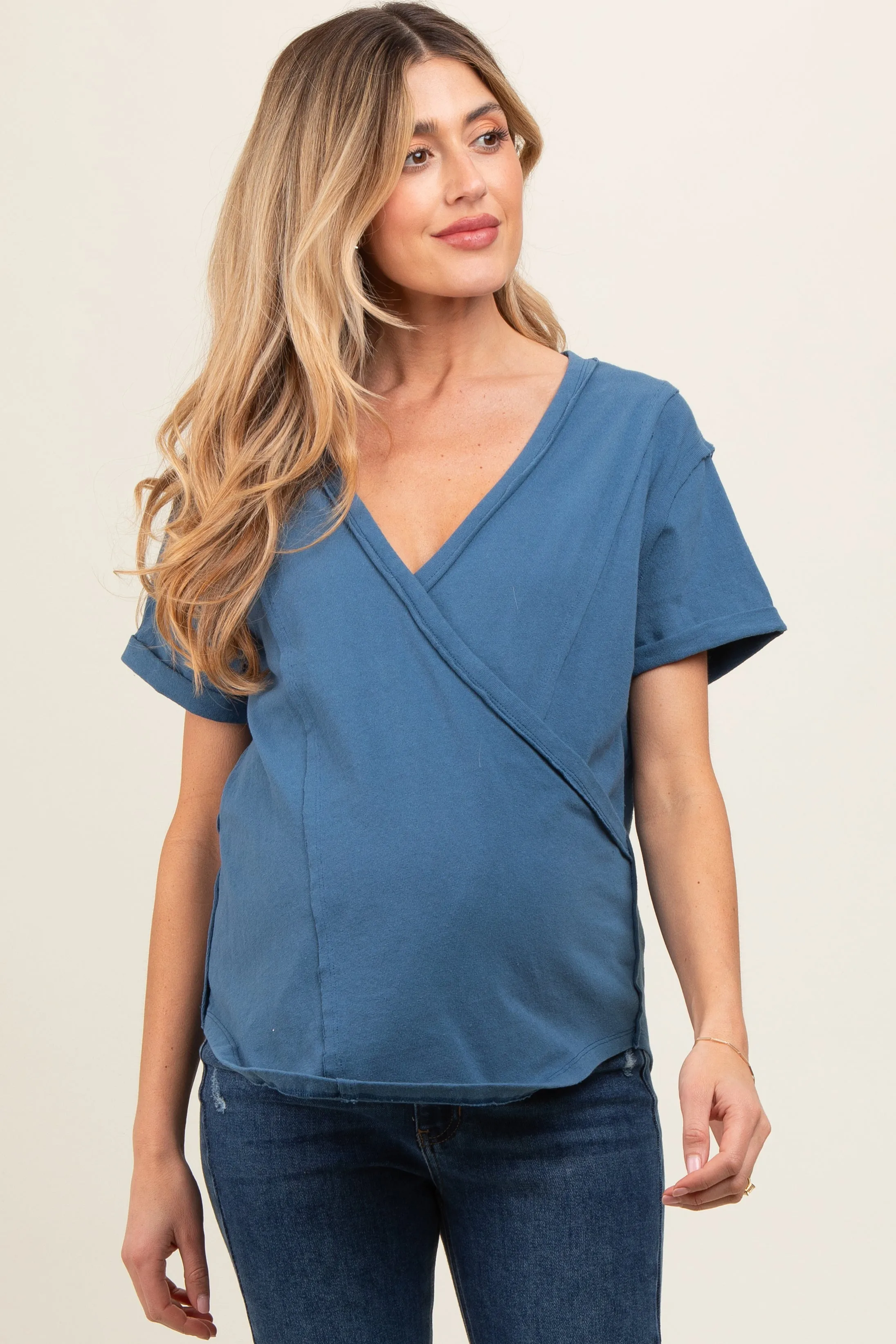 Blue Wrap Short Sleeve Raw Hem Maternity Top sold by Pinkblush product image thumbnail 2