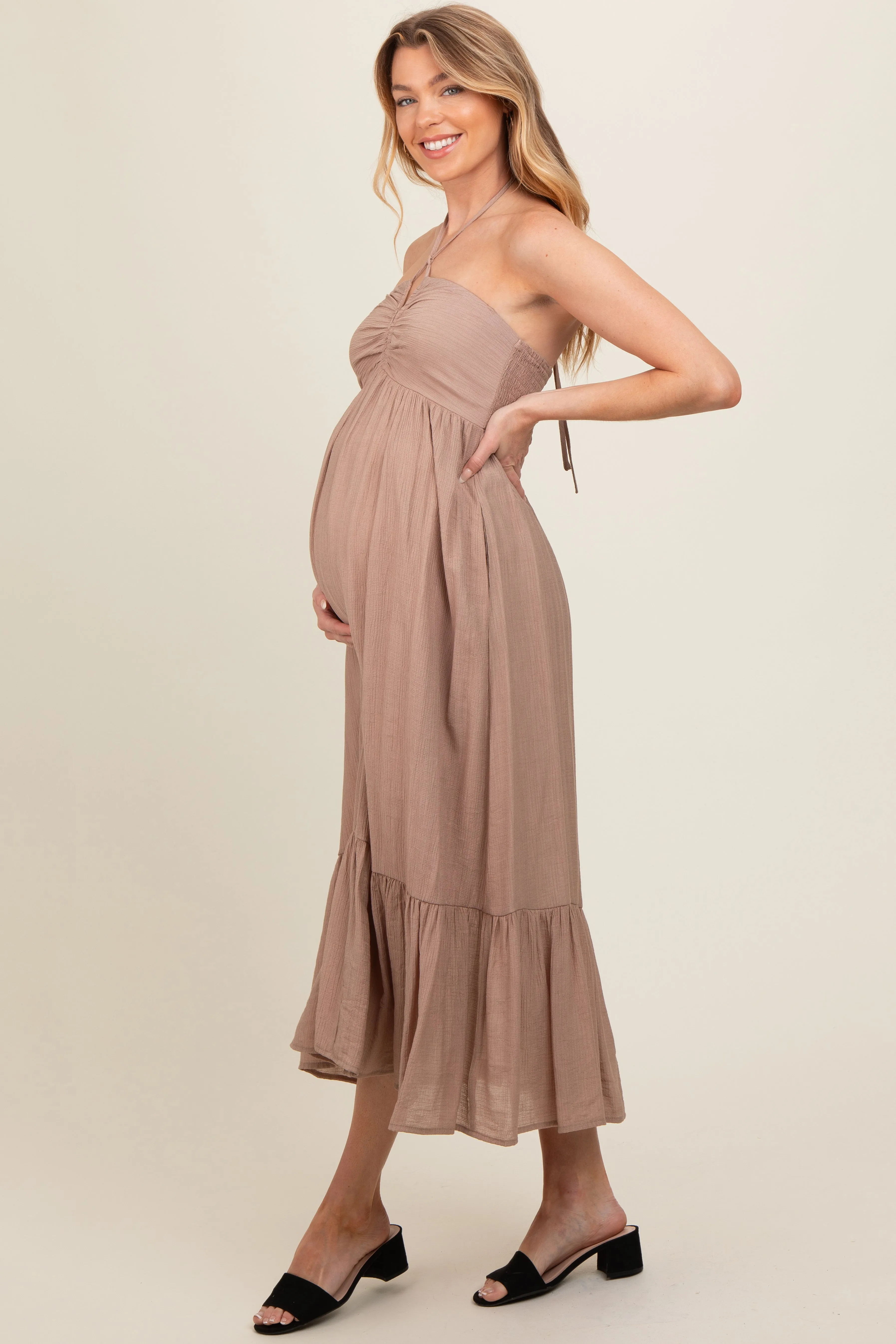Taupe V-Front Halter Maternity Midi Dress sold by Pinkblush product image thumbnail 3