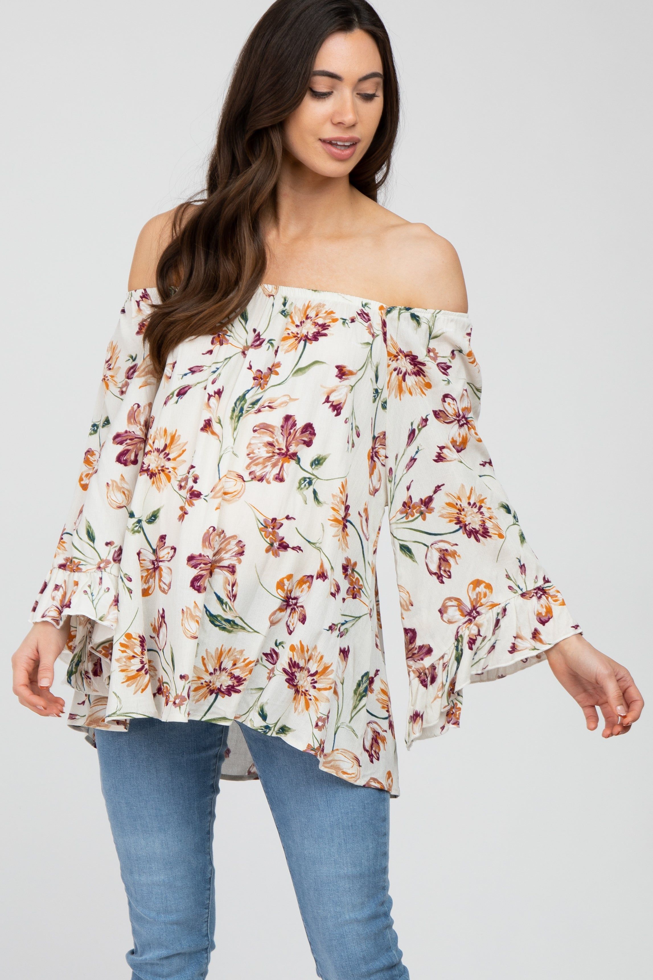 Ivory Floral Square Neck Ruffle Sleeve Maternity Top sold by Pinkblush