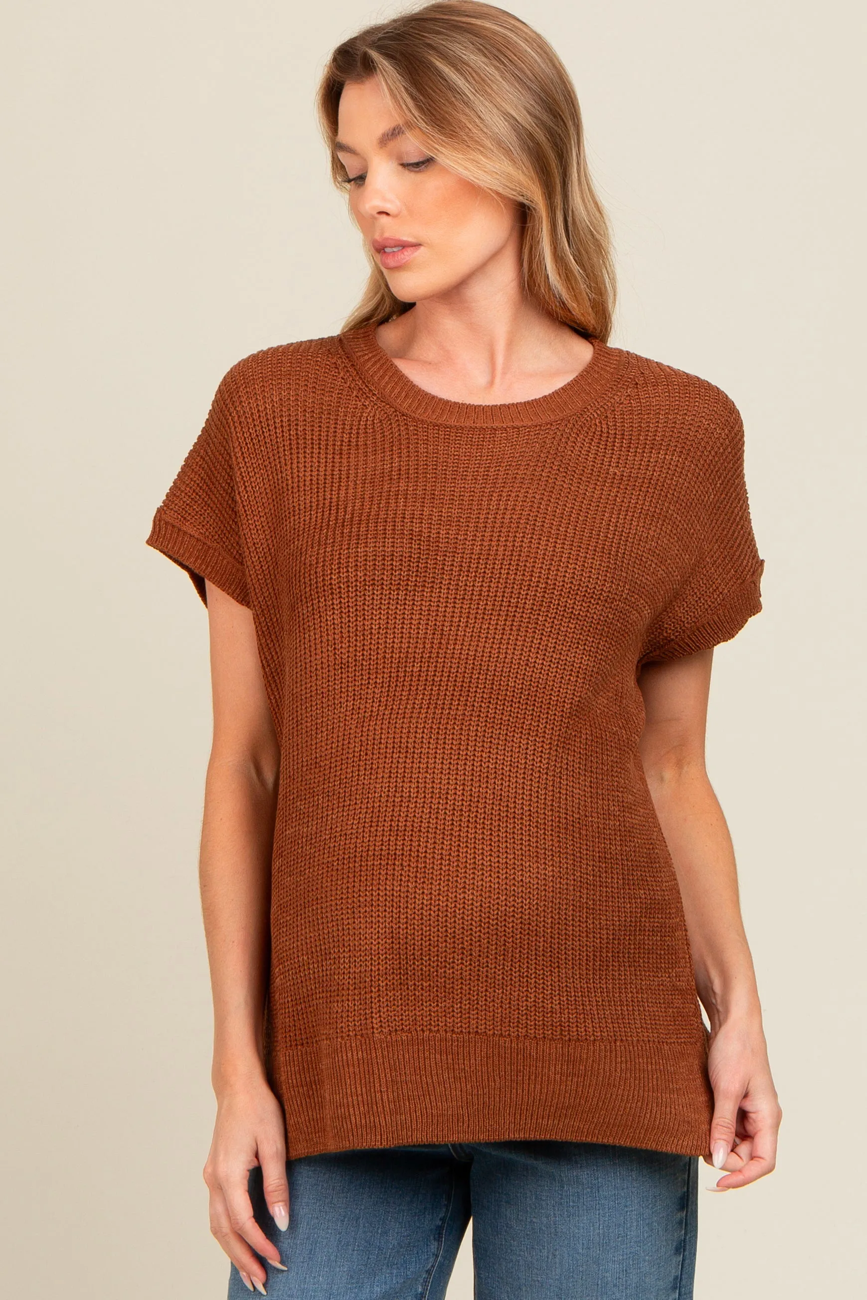 Brown Dolman Short Sleeve Side Slit Maternity Sweater Top sold by Pinkblush