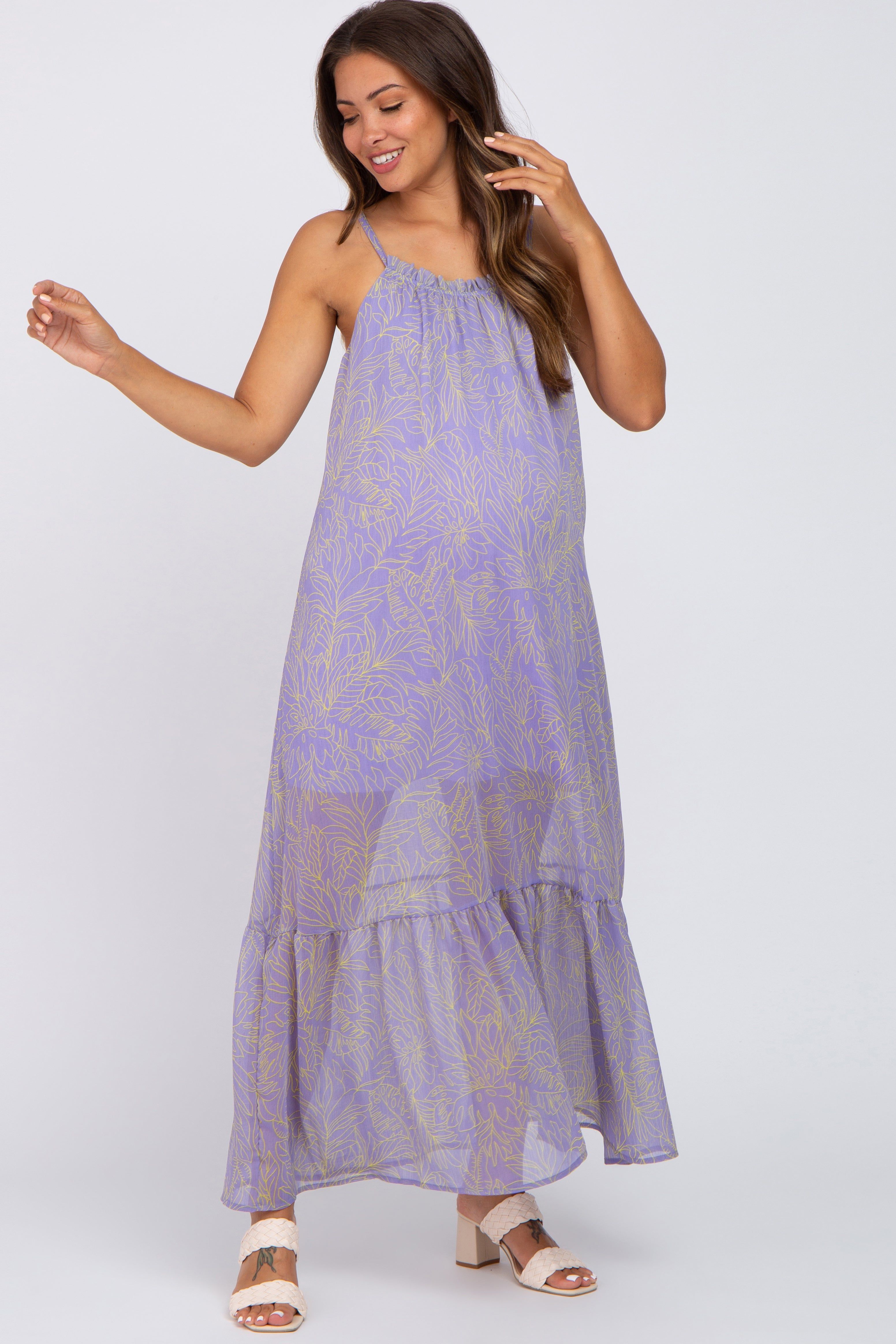Lavender Chiffon Tropical Leaf Maternity Maxi Dress sold by Pinkblush