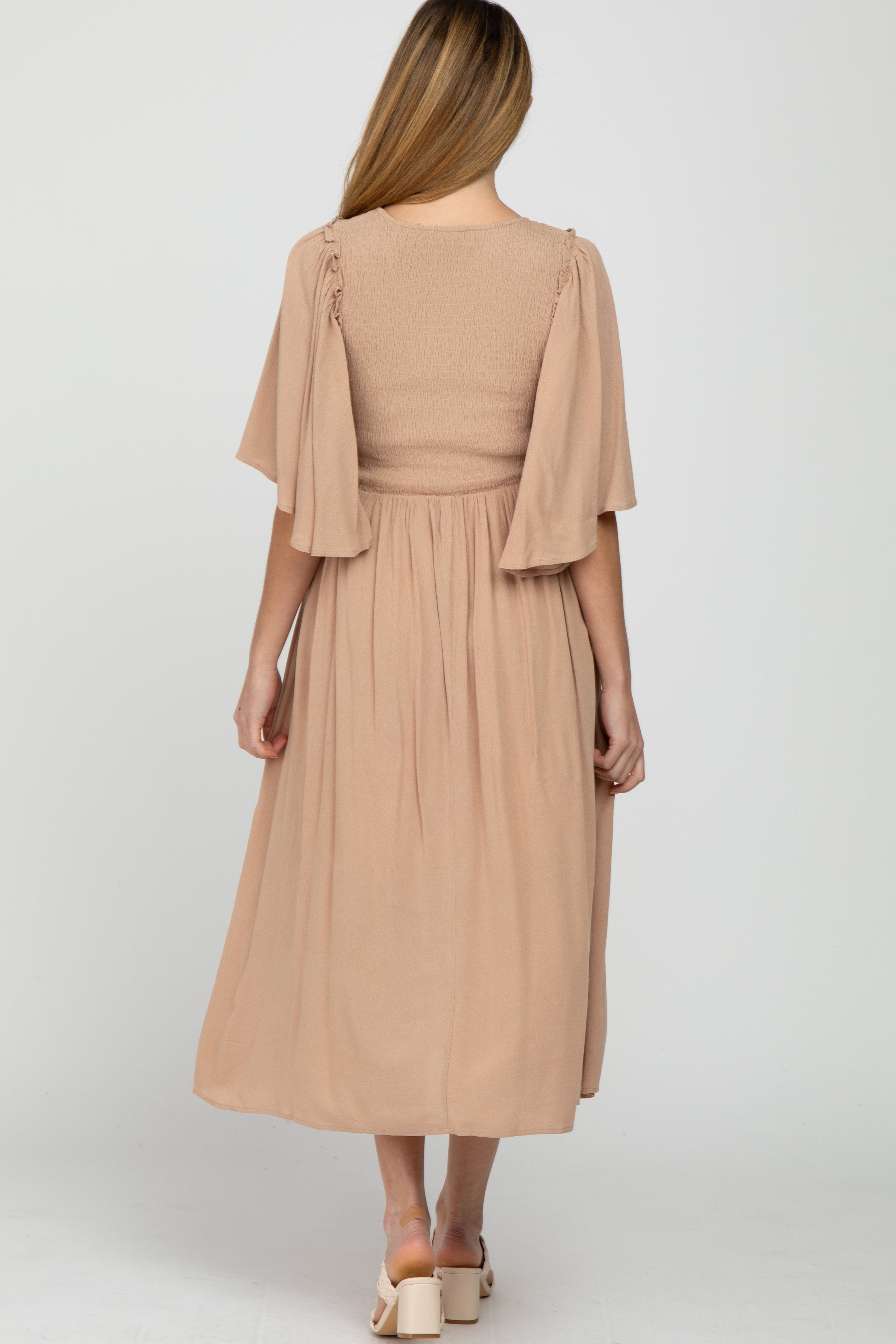 Taupe Smocked Front Ruffle Sleeve Maternity Midi Dress sold by Pinkblush product image thumbnail 3
