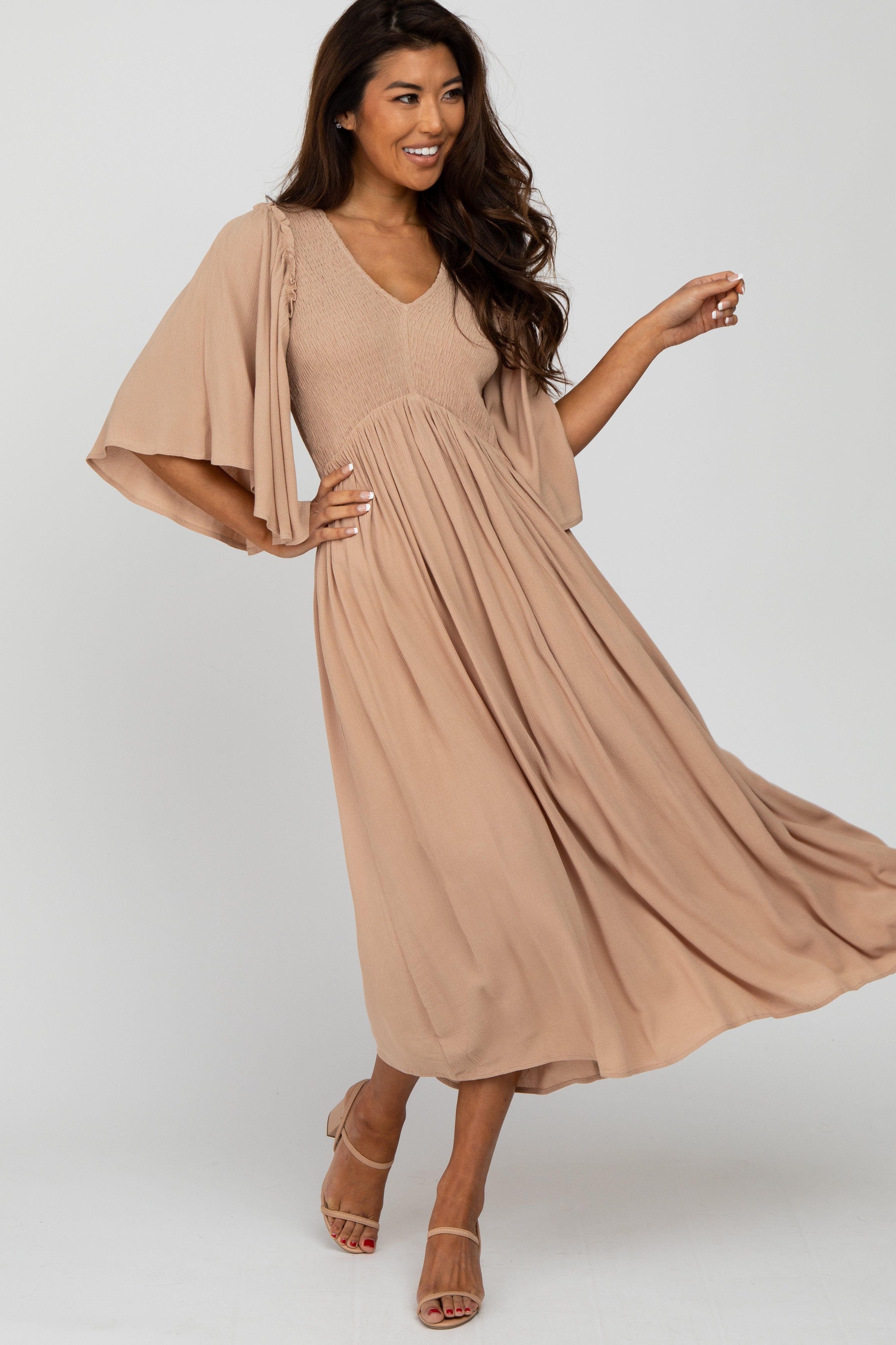 Taupe Smocked Front Ruffle Sleeve Maternity Midi Dress sold by Pinkblush product image thumbnail 4