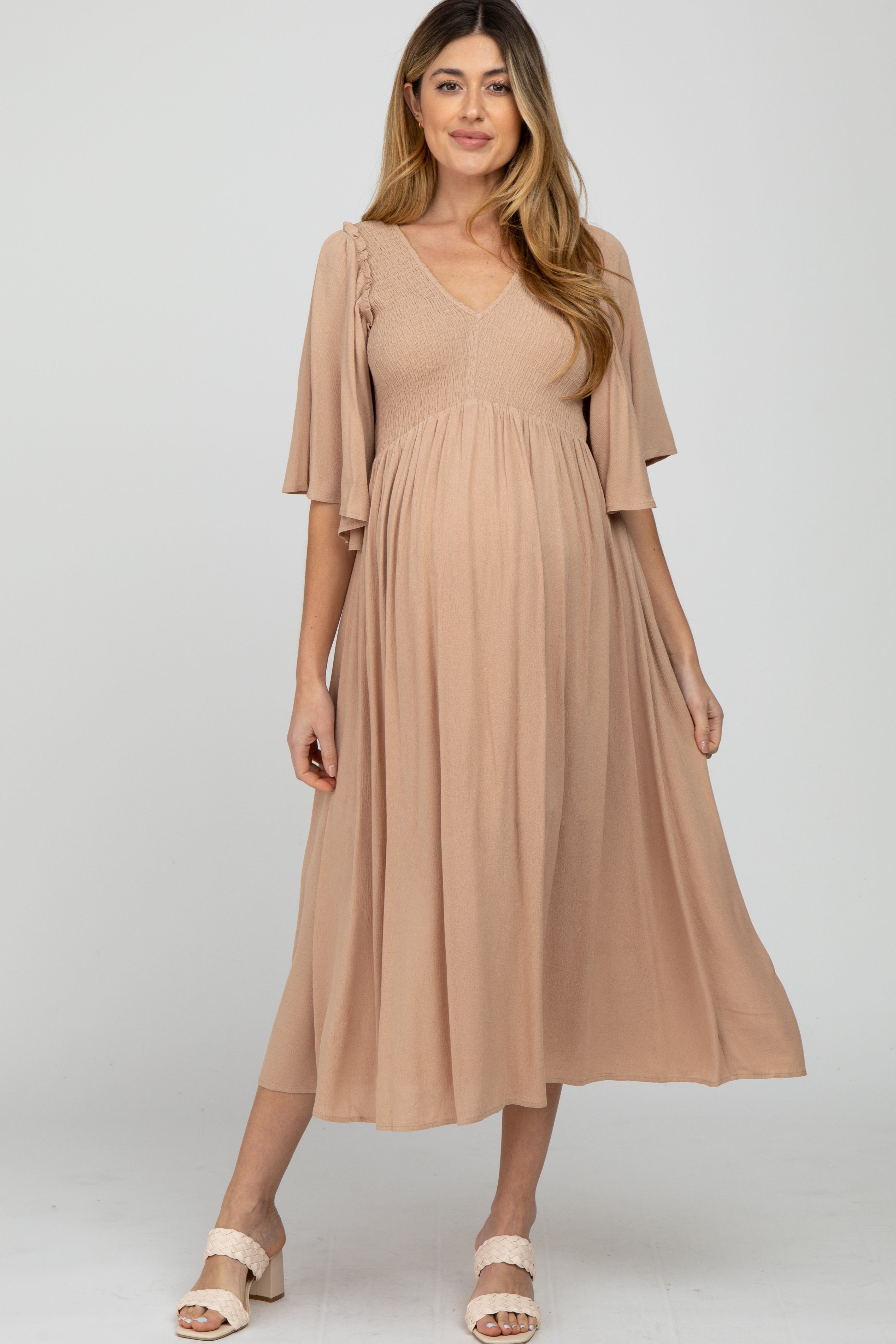 Taupe Smocked Front Ruffle Sleeve Maternity Midi Dress sold by Pinkblush