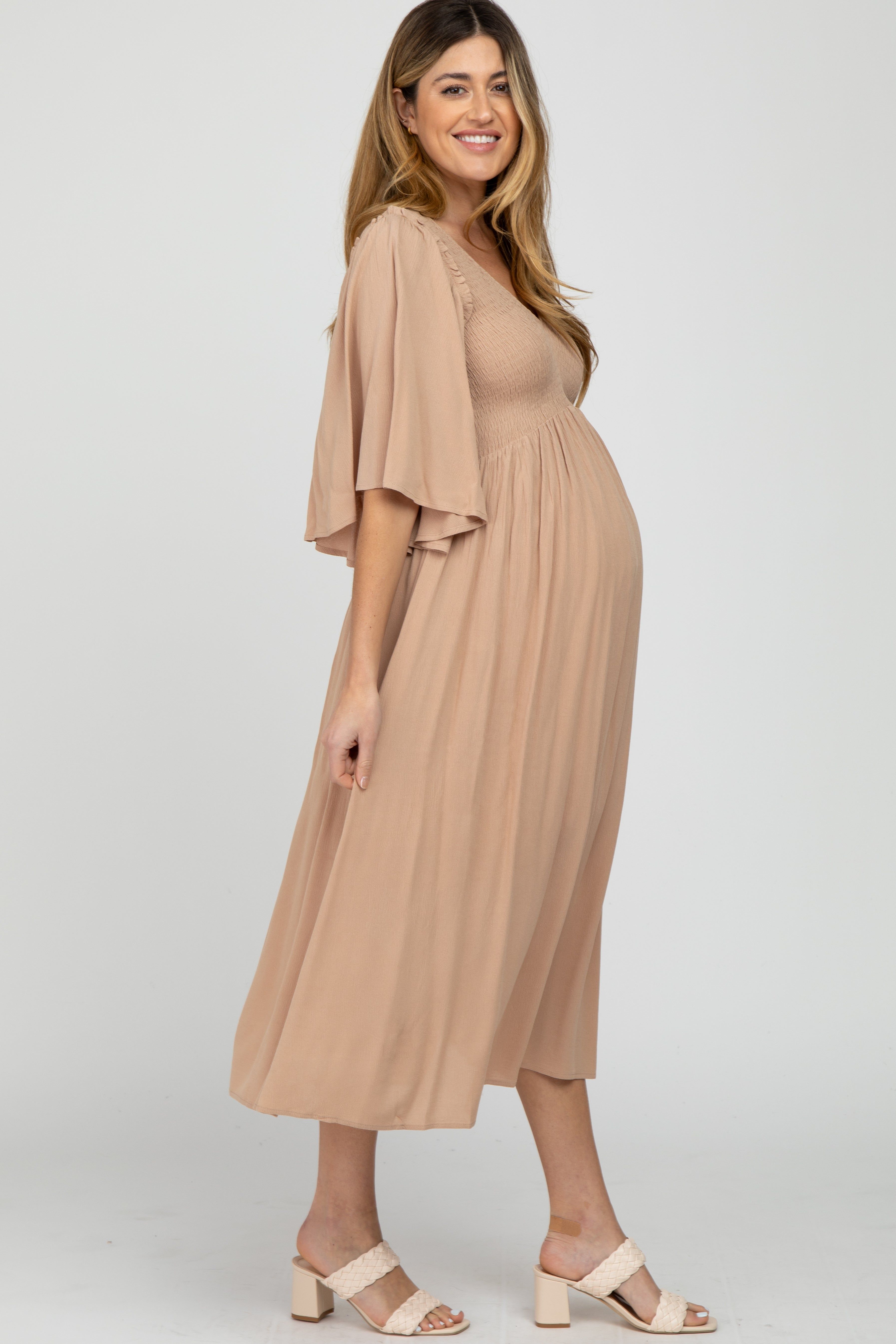 Taupe Smocked Front Ruffle Sleeve Maternity Midi Dress sold by Pinkblush product image thumbnail 2