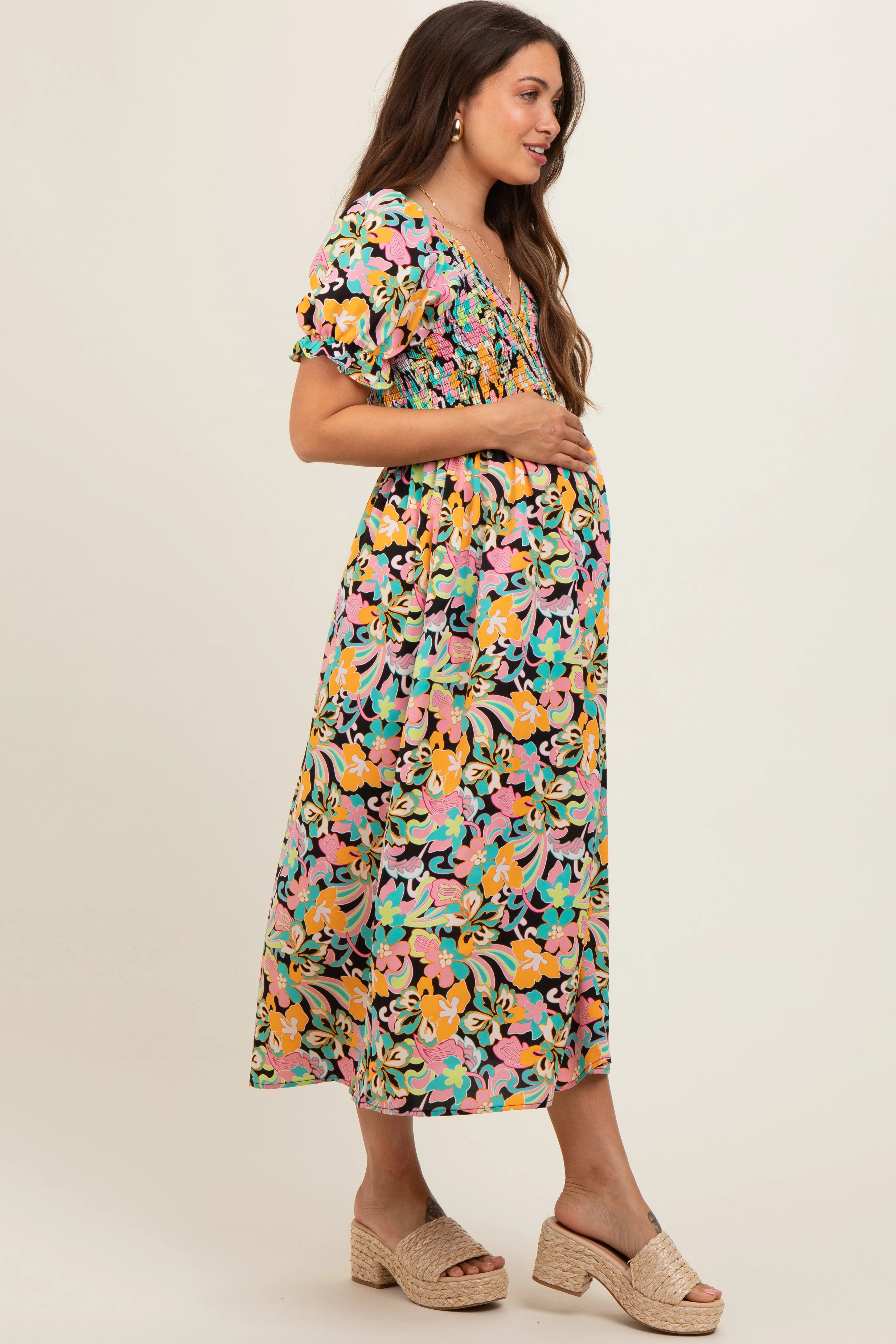 Black Floral Smocked Ruffle Short Sleeve Maternity Midi Dress sold by Pinkblush product image thumbnail 2