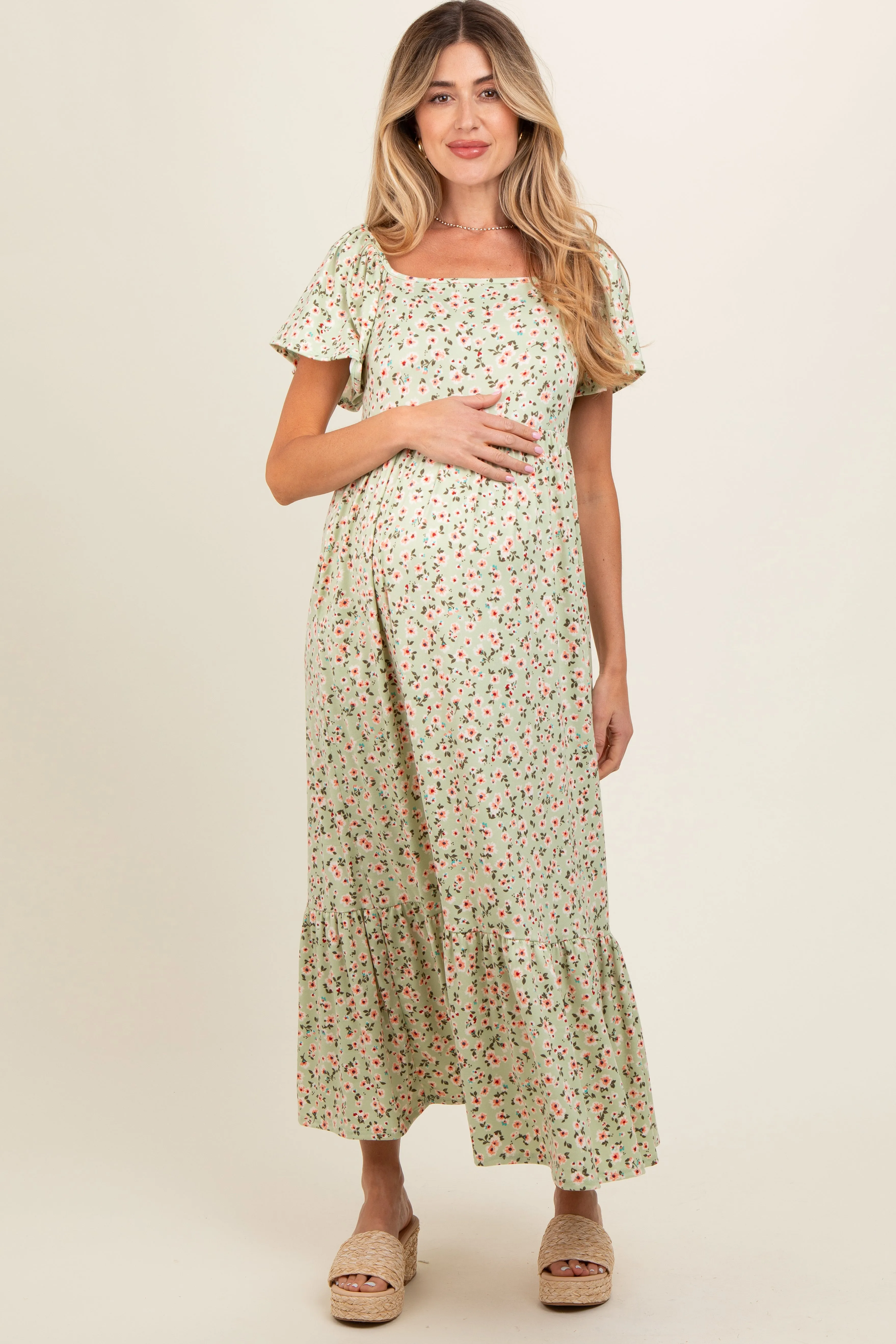 Light Green Floral Short Sleeve Maternity Maxi Dress sold by Pinkblush product image thumbnail 3
