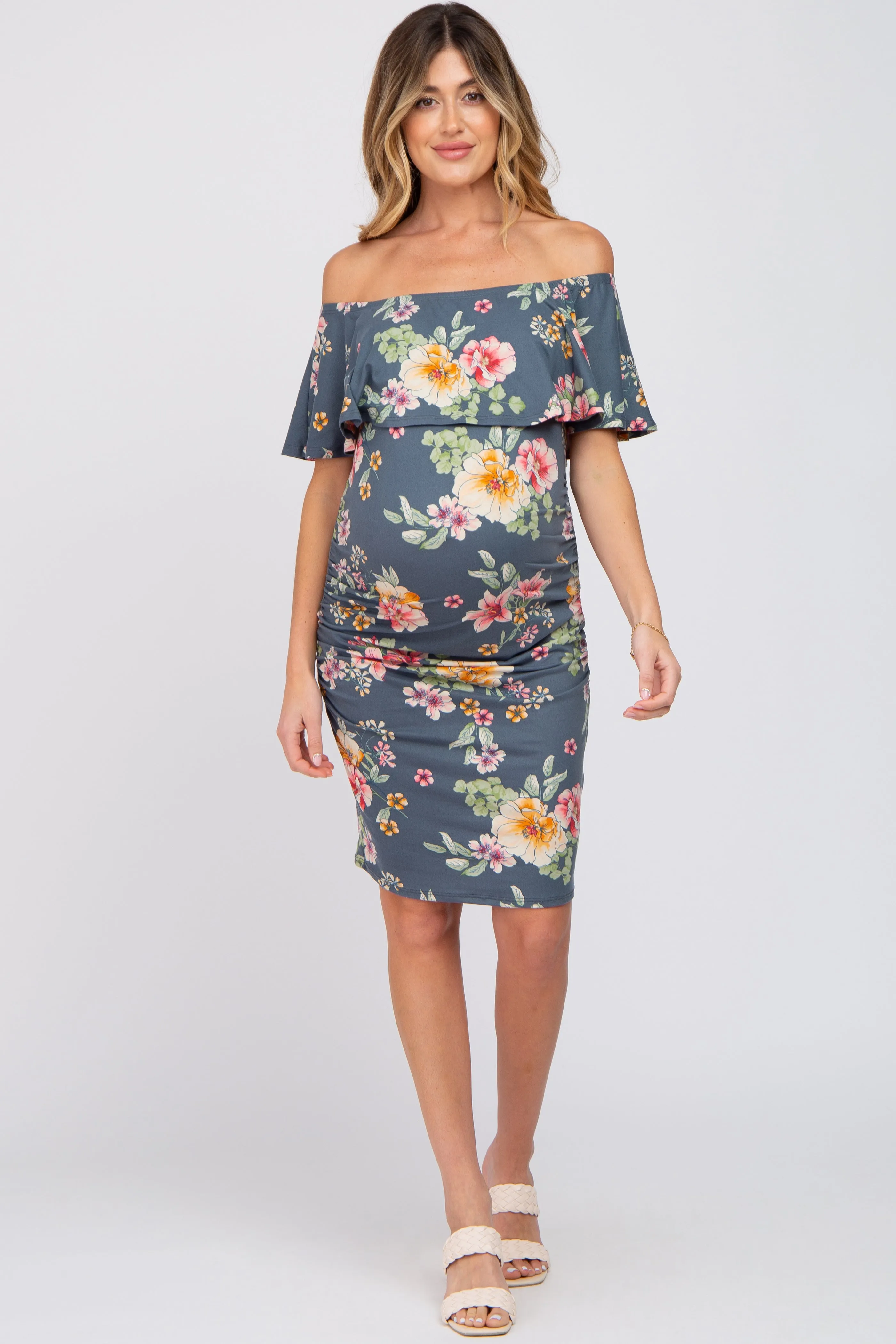 Teal Floral Off Shoulder Maternity Fitted Dress sold by Pinkblush product image thumbnail 4