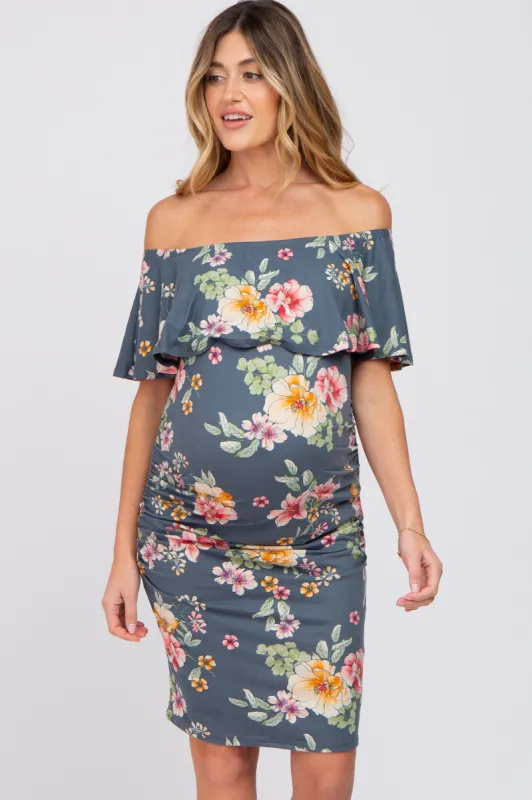 Teal Floral Off Shoulder Maternity Fitted Dress sold by Pinkblush