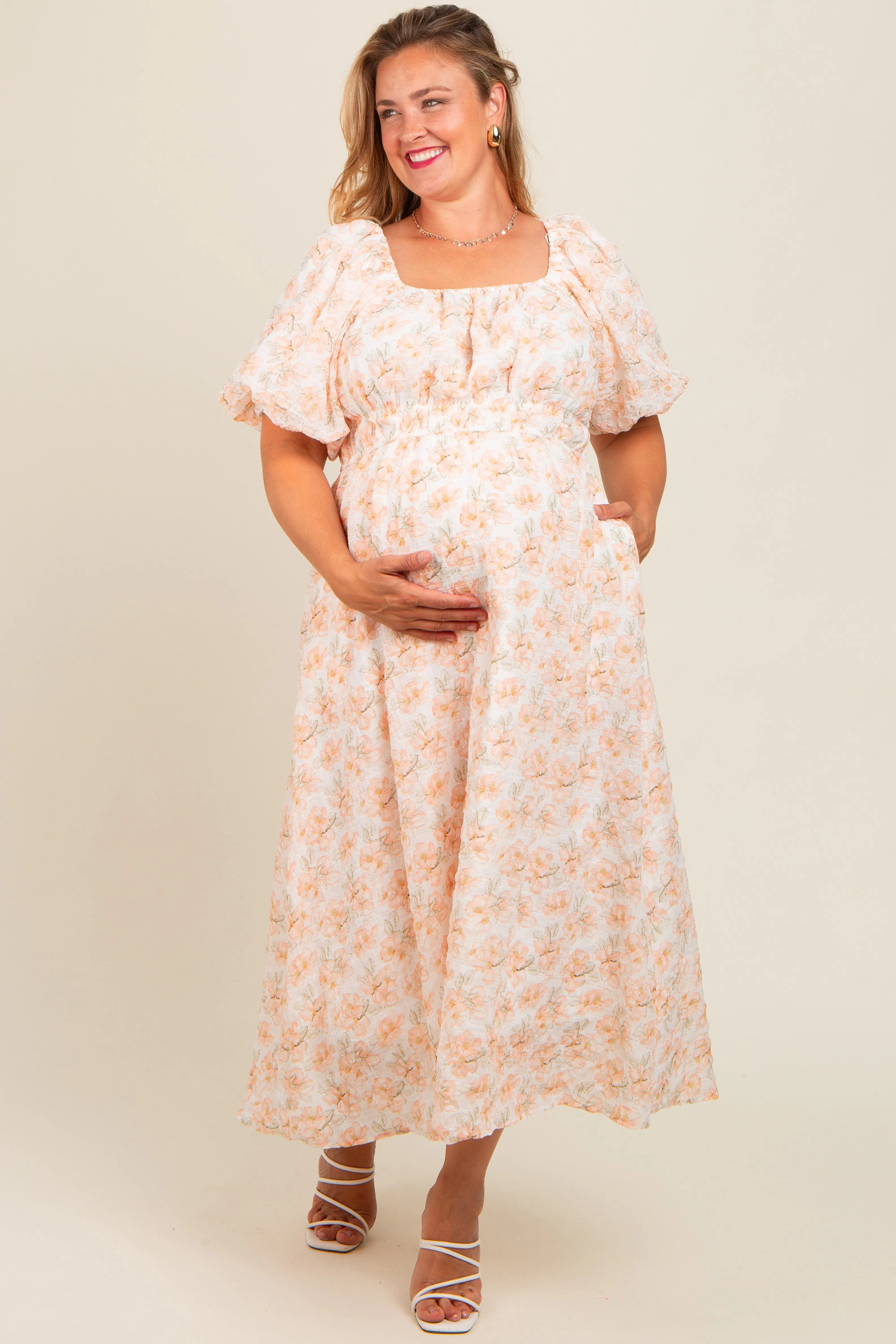 Peach Floral Puff Sleeve Maternity Plus Midi Dress sold by Pinkblush product image thumbnail 2