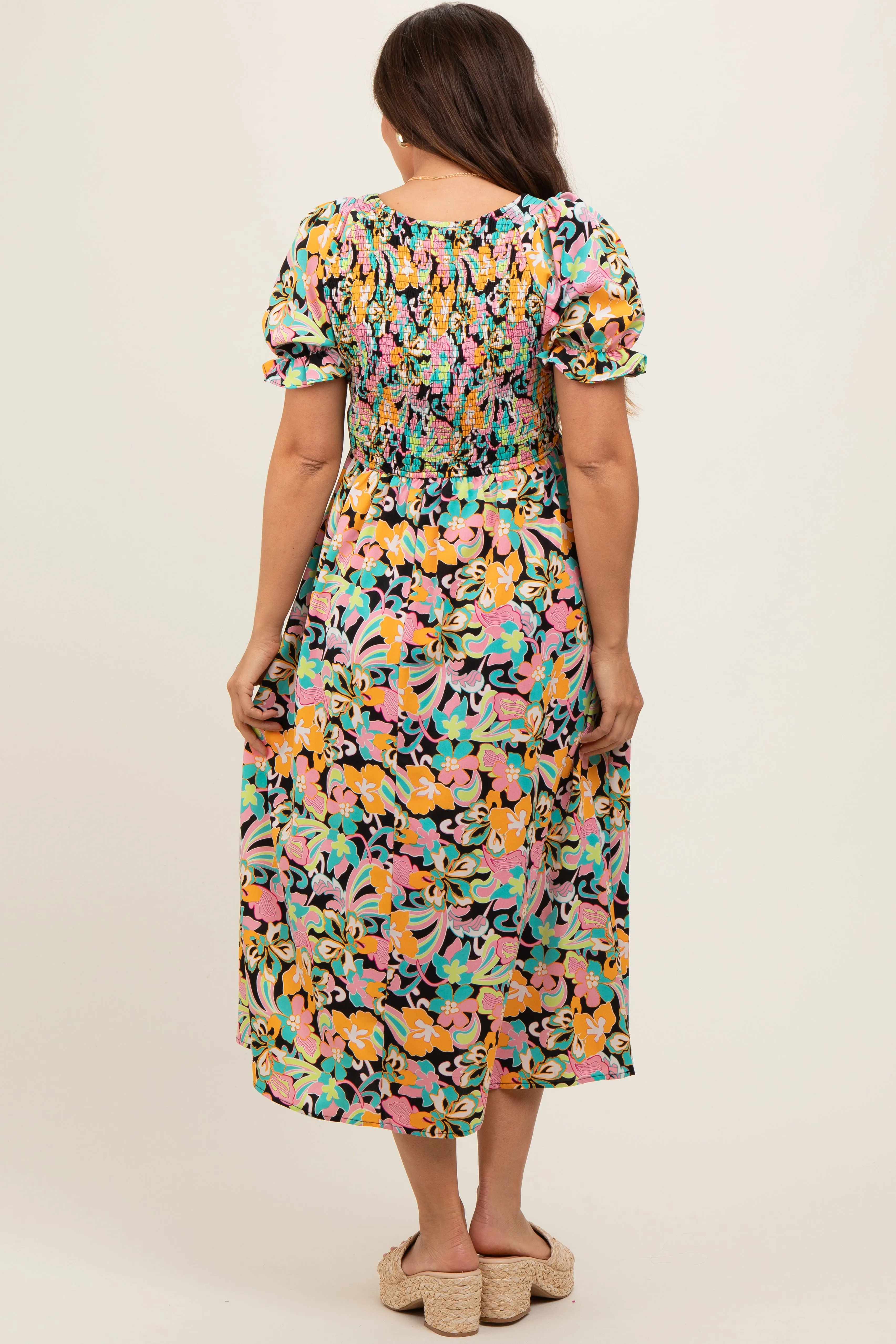 Black Floral Smocked Ruffle Short Sleeve Maternity Midi Dress sold by Pinkblush product image thumbnail 3