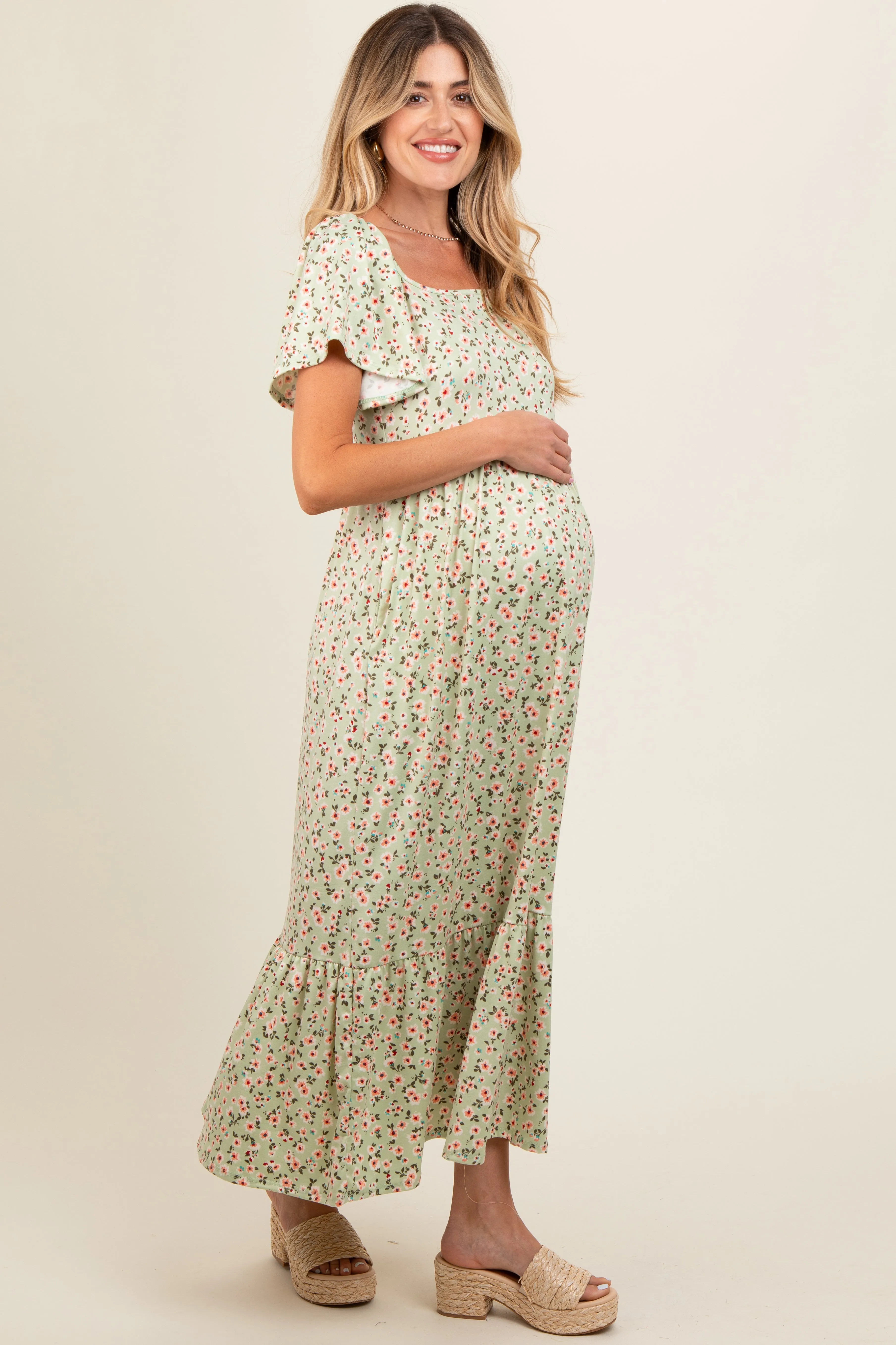 Light Green Floral Short Sleeve Maternity Maxi Dress sold by Pinkblush product image thumbnail 4