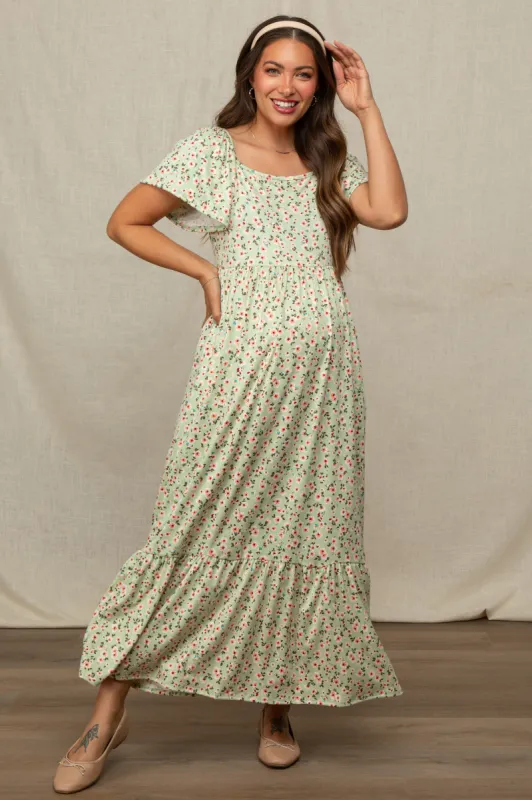 Light Green Floral Short Sleeve Maternity Maxi Dress sold by Pinkblush