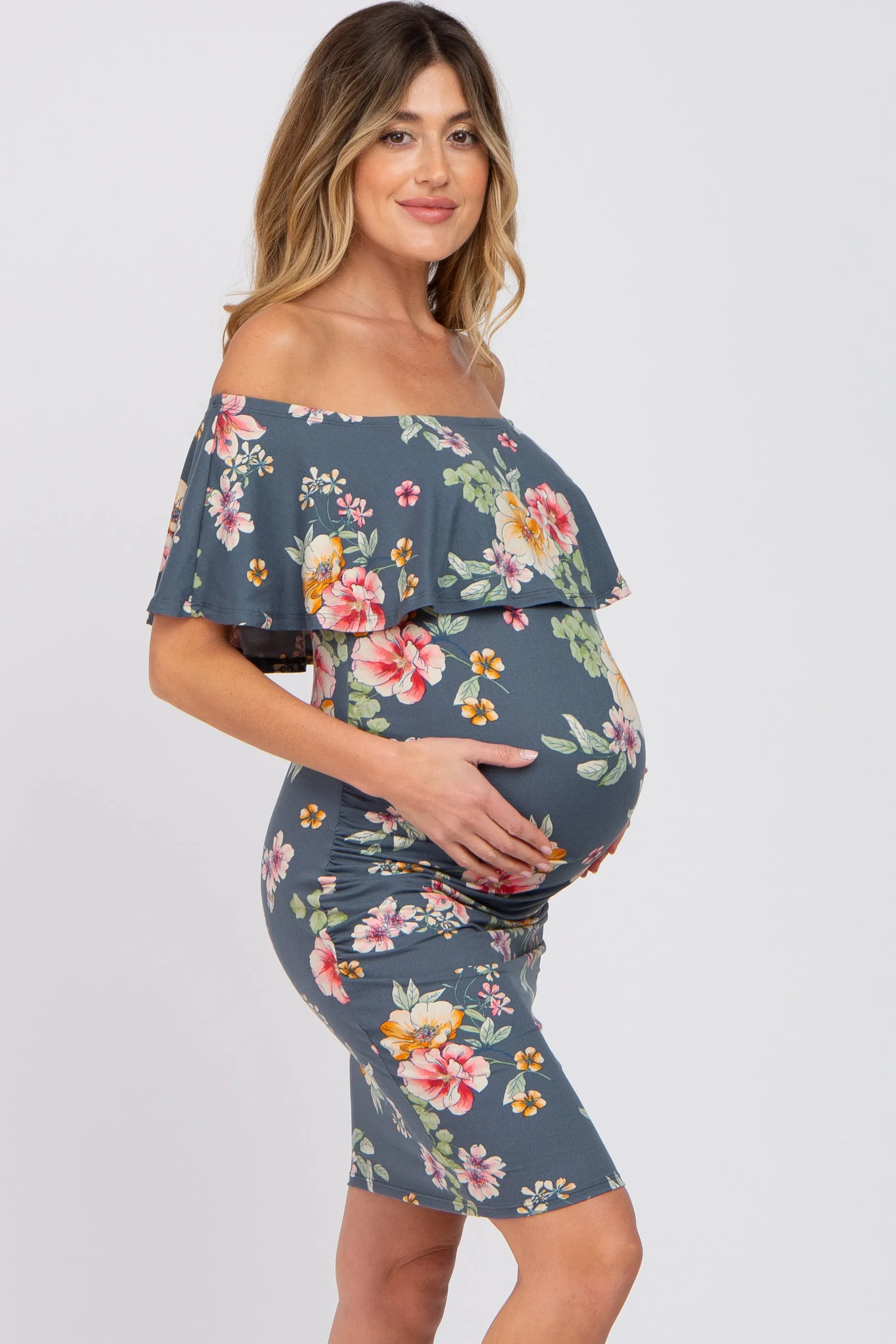 Teal Floral Off Shoulder Maternity Fitted Dress sold by Pinkblush product image thumbnail 2