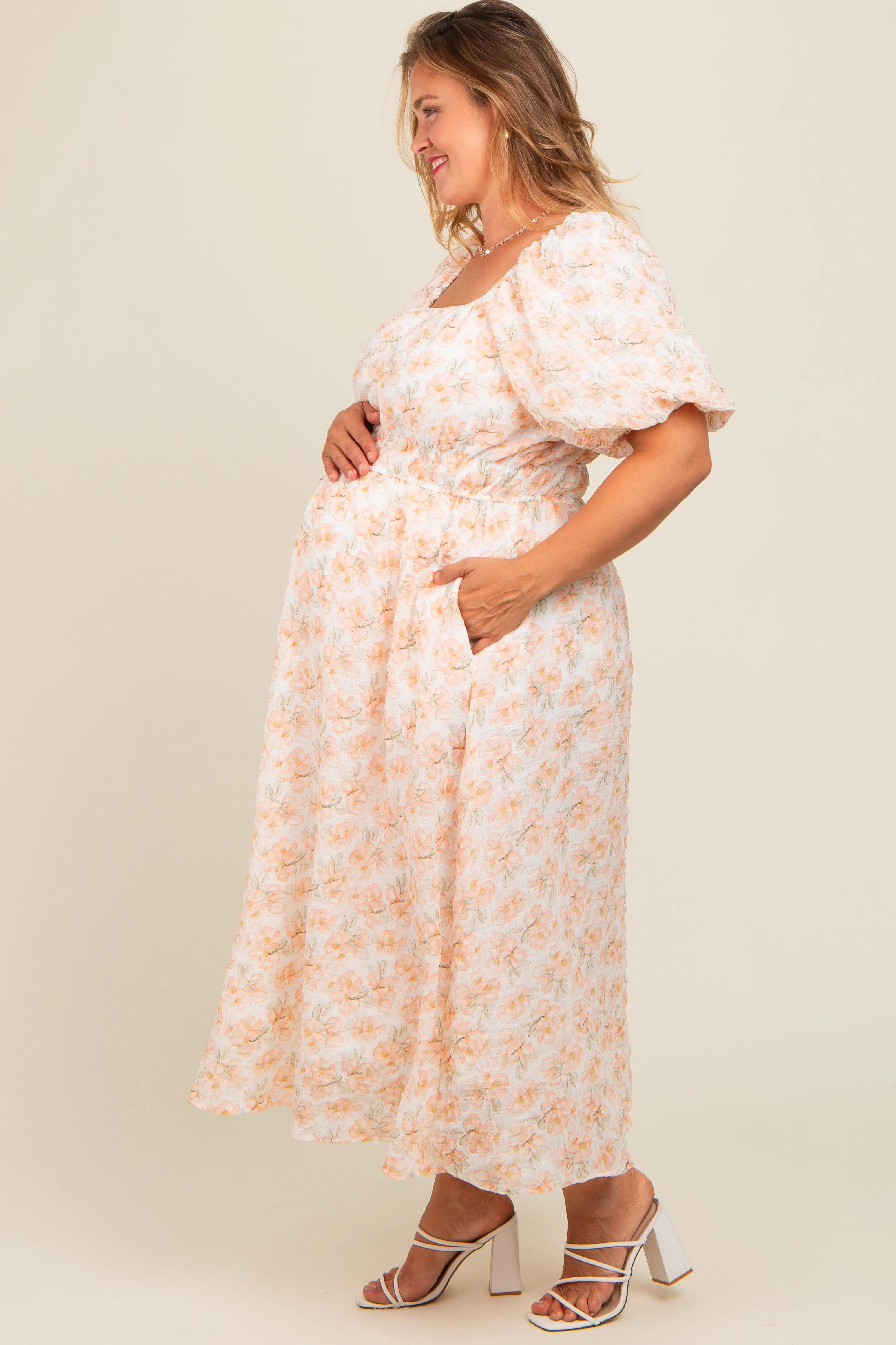 Peach Floral Puff Sleeve Maternity Plus Midi Dress sold by Pinkblush product image thumbnail 3