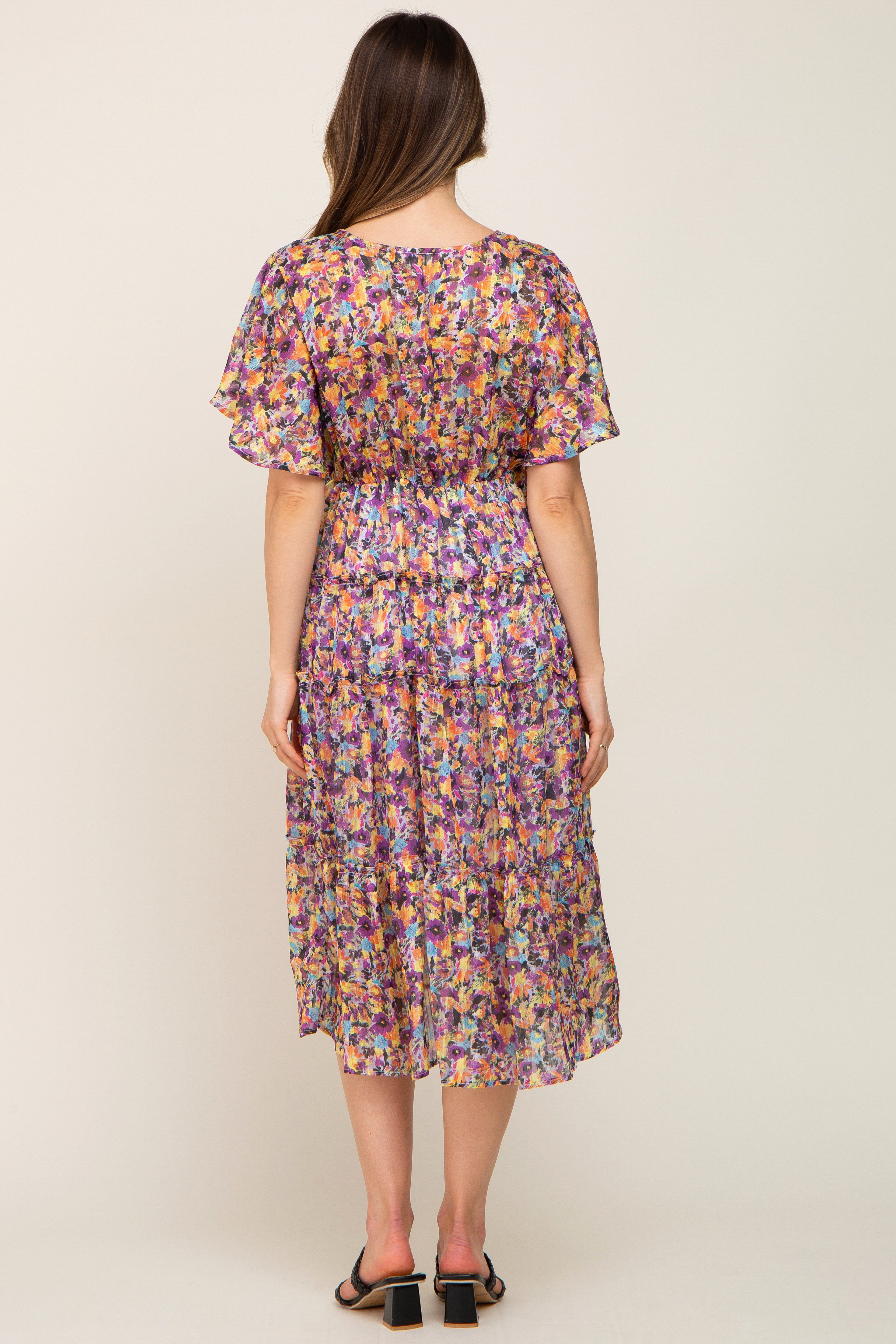 Violet Metallic Striped Chiffon Ruffle Tiered Maternity Midi Dress sold by Pinkblush product image thumbnail 4