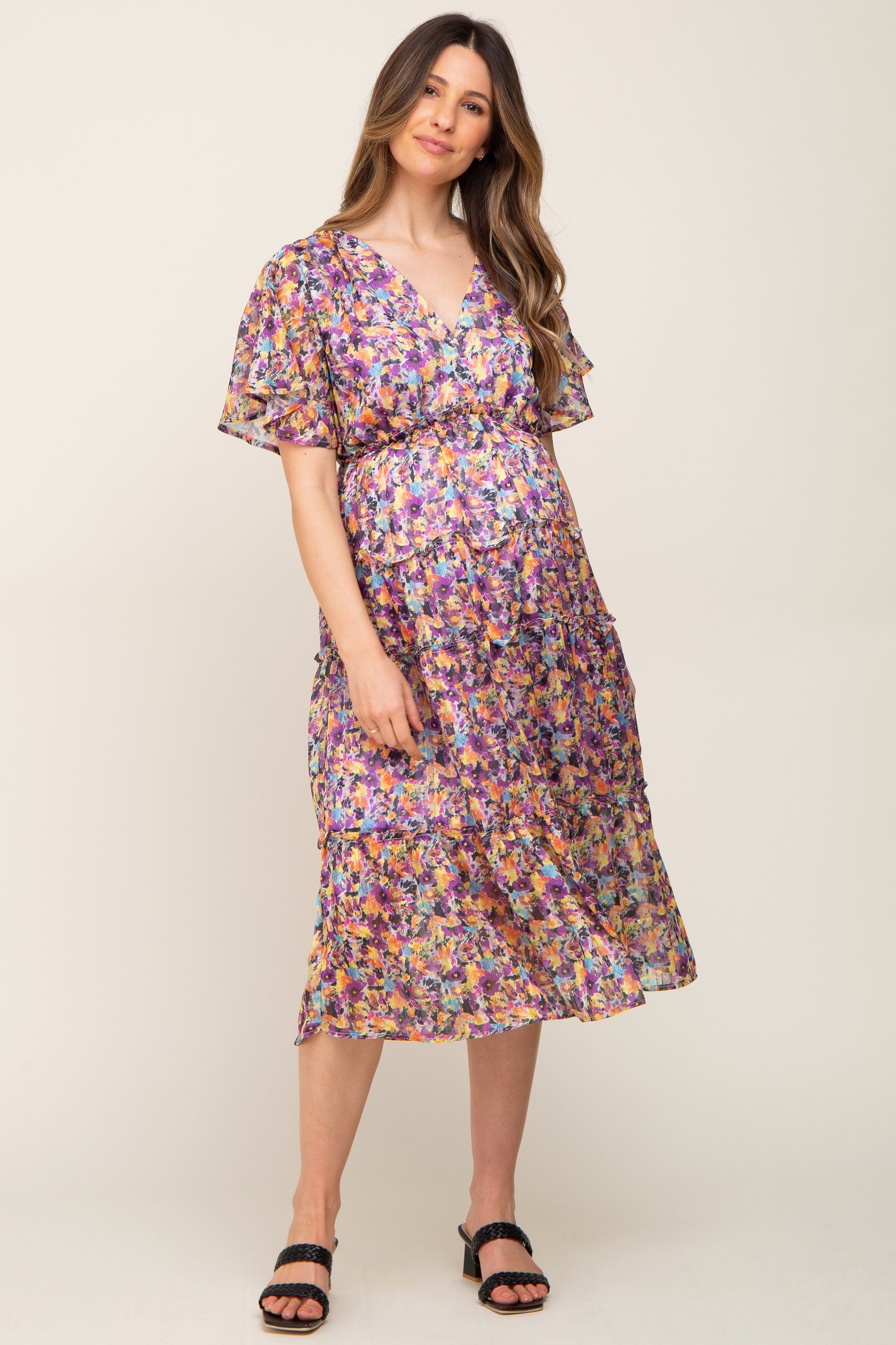 Violet Metallic Striped Chiffon Ruffle Tiered Maternity Midi Dress sold by Pinkblush