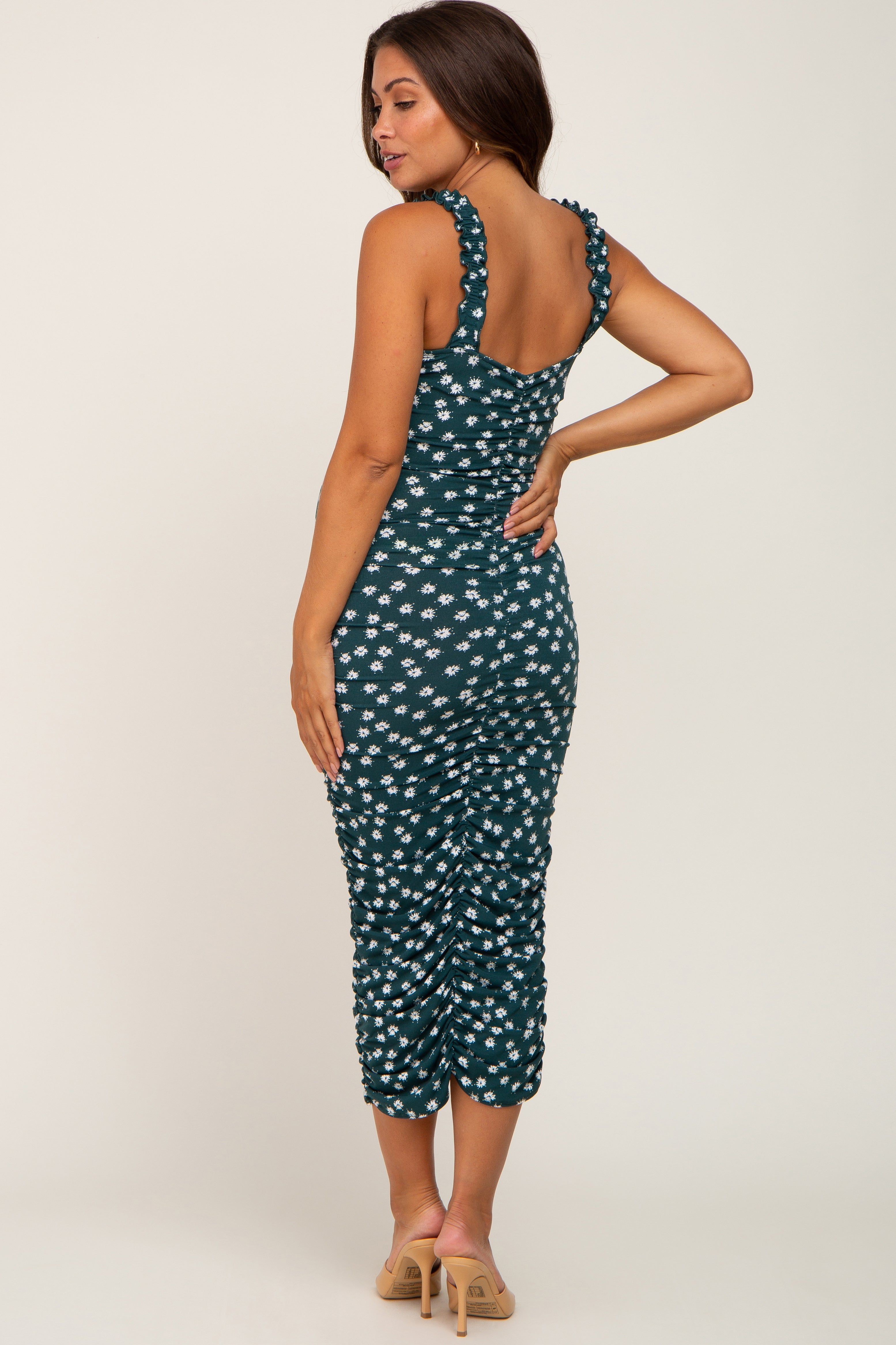 Forest Green Floral Ruched Maternity Midi Dress sold by Pinkblush product image thumbnail 3