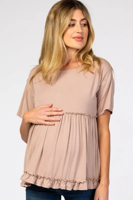 Taupe Lettuce Trim Maternity Top sold by Pinkblush