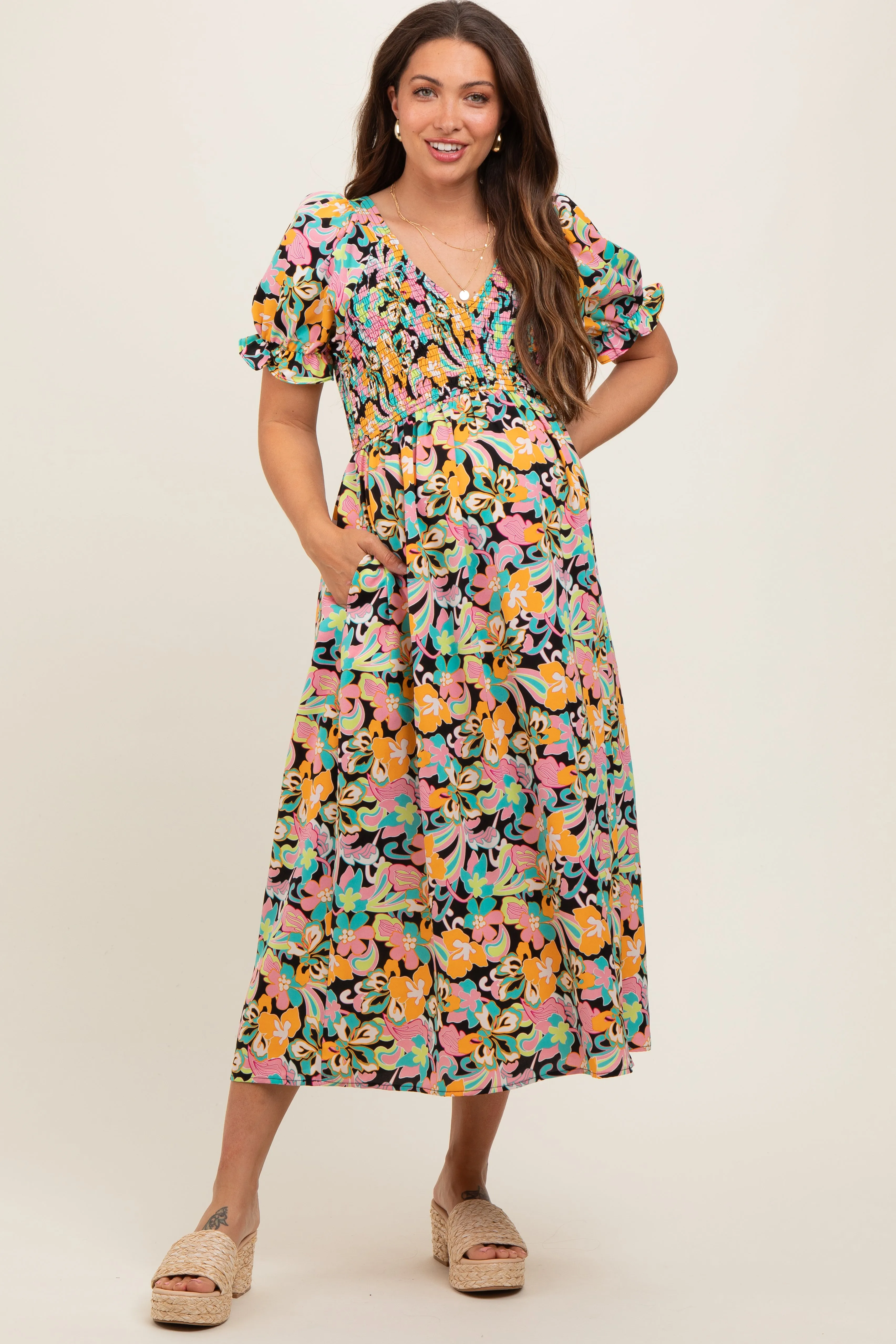 Black Floral Smocked Ruffle Short Sleeve Maternity Midi Dress sold by Pinkblush