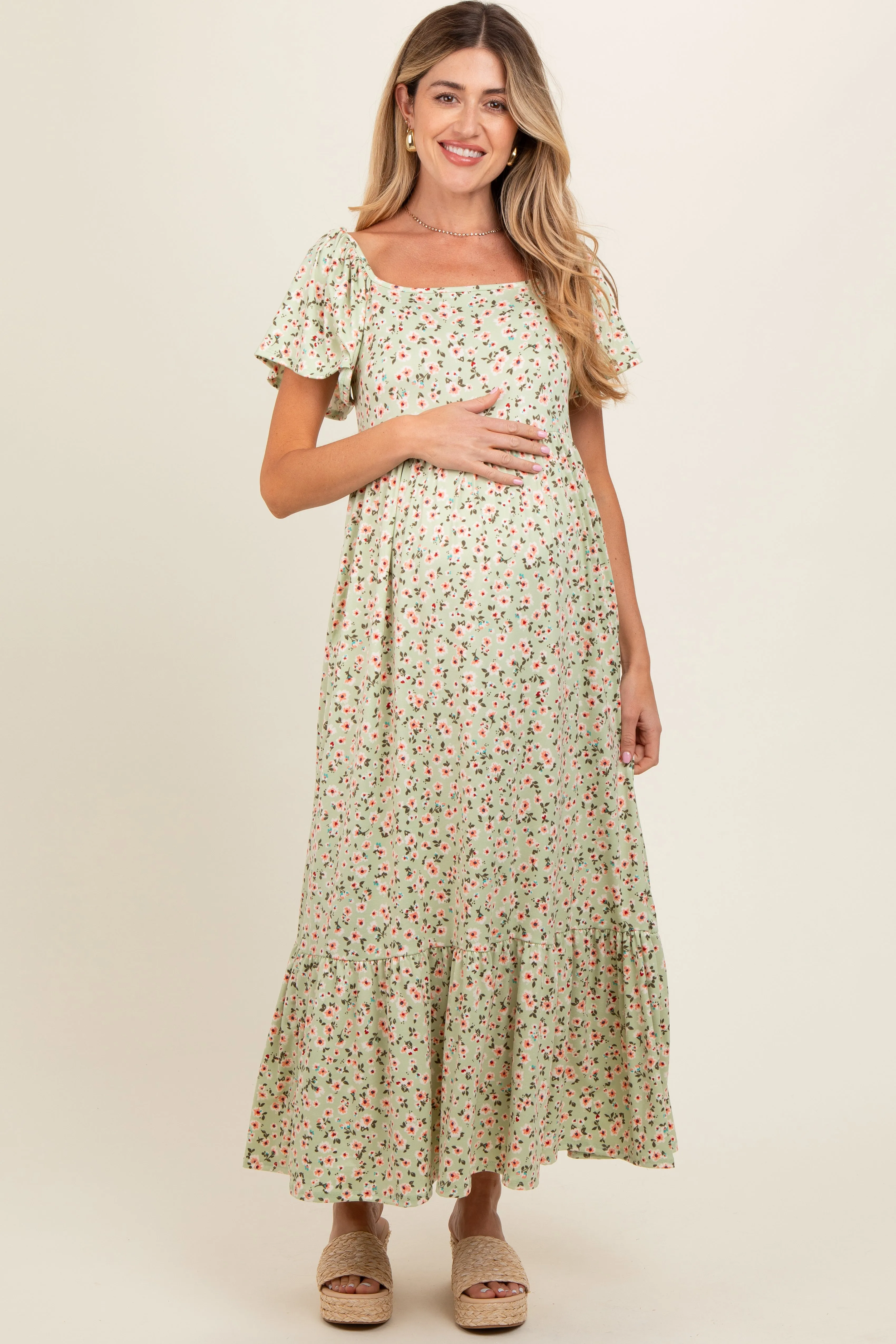 Light Green Floral Short Sleeve Maternity Maxi Dress sold by Pinkblush product image thumbnail 2