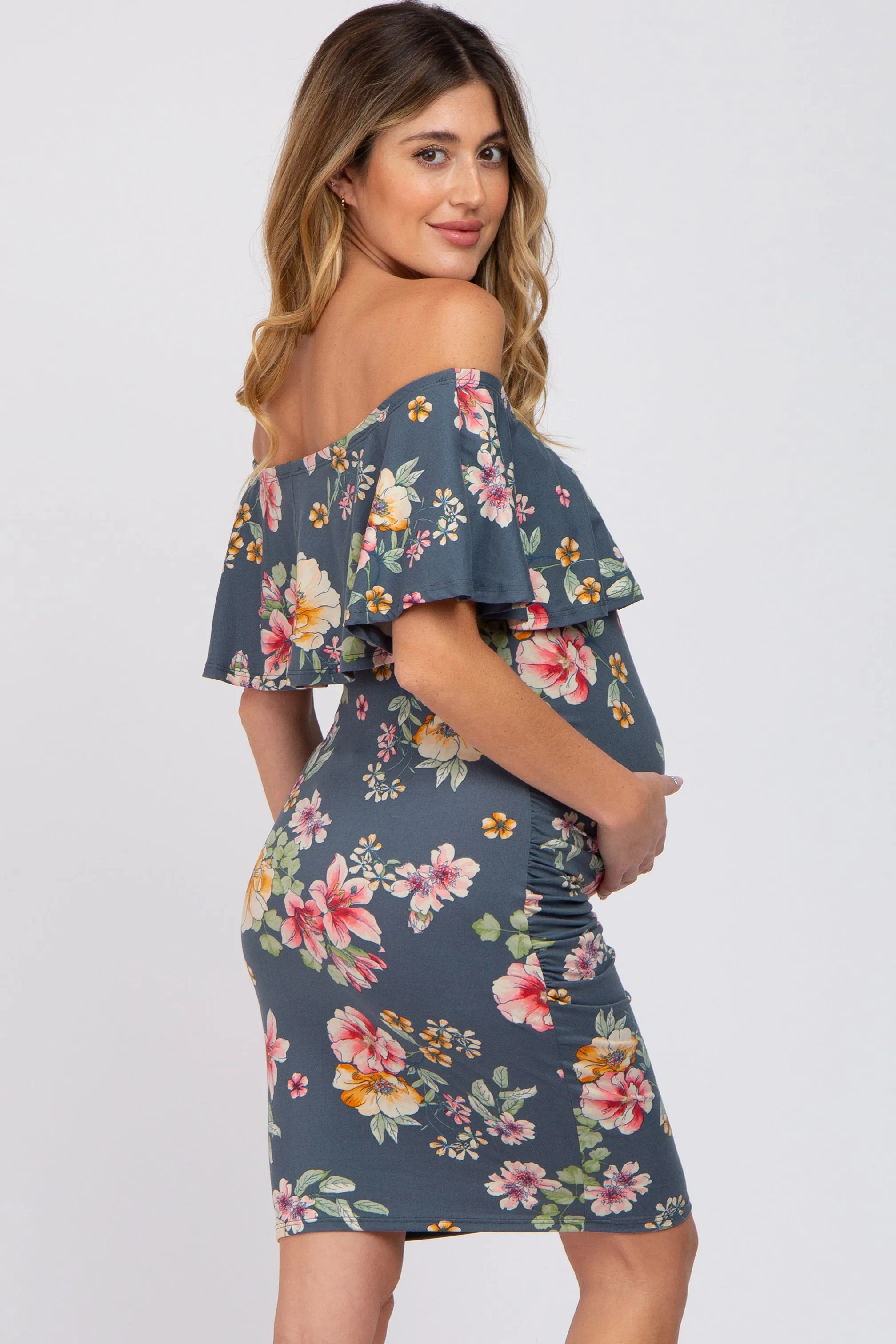 Teal Floral Off Shoulder Maternity Fitted Dress sold by Pinkblush product image thumbnail 3