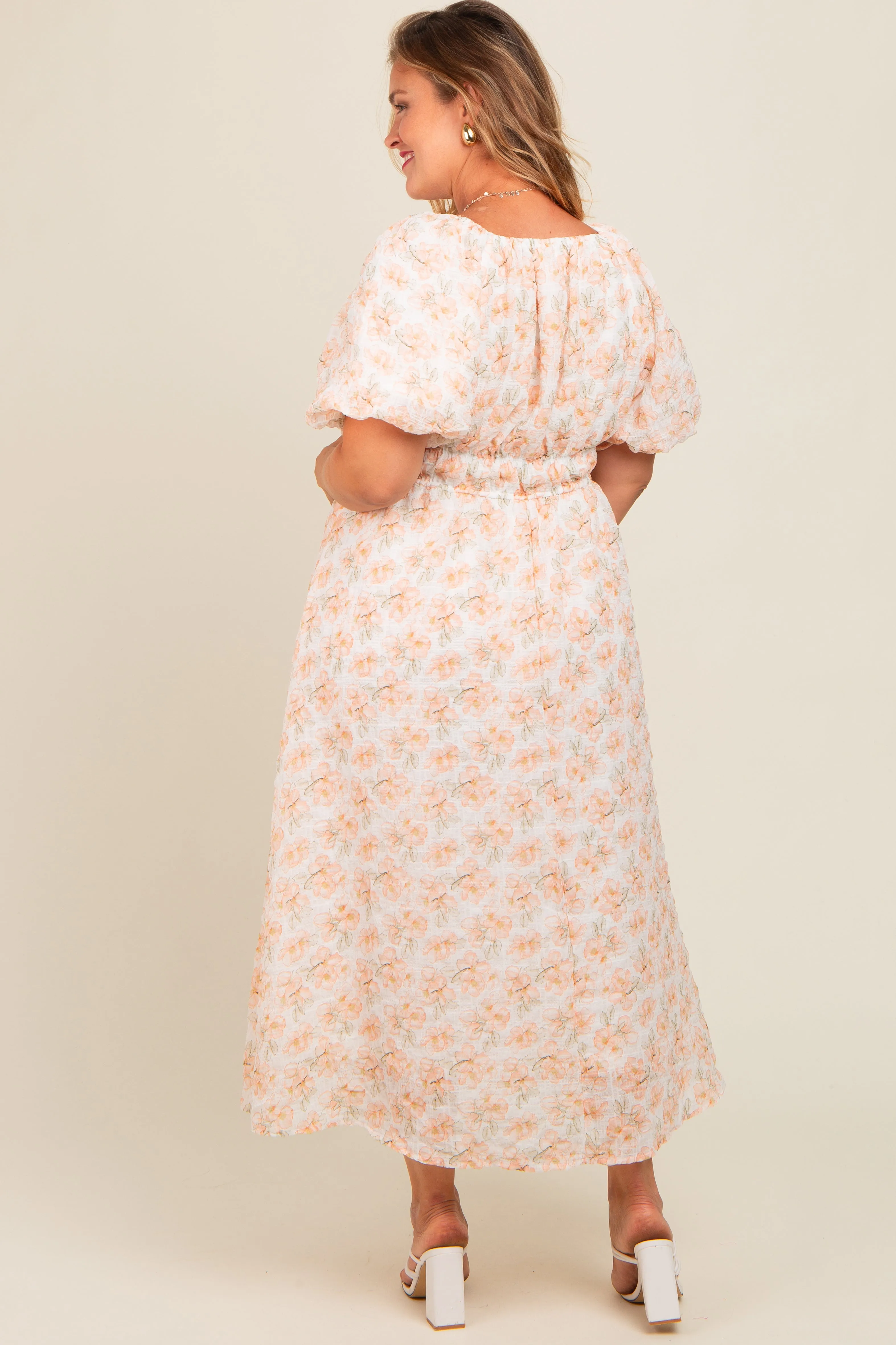 Peach Floral Puff Sleeve Maternity Plus Midi Dress sold by Pinkblush product image thumbnail 4