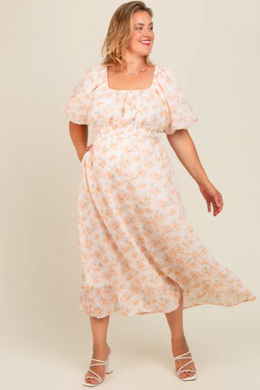 Peach Floral Puff Sleeve Maternity Plus Midi Dress sold by Pinkblush