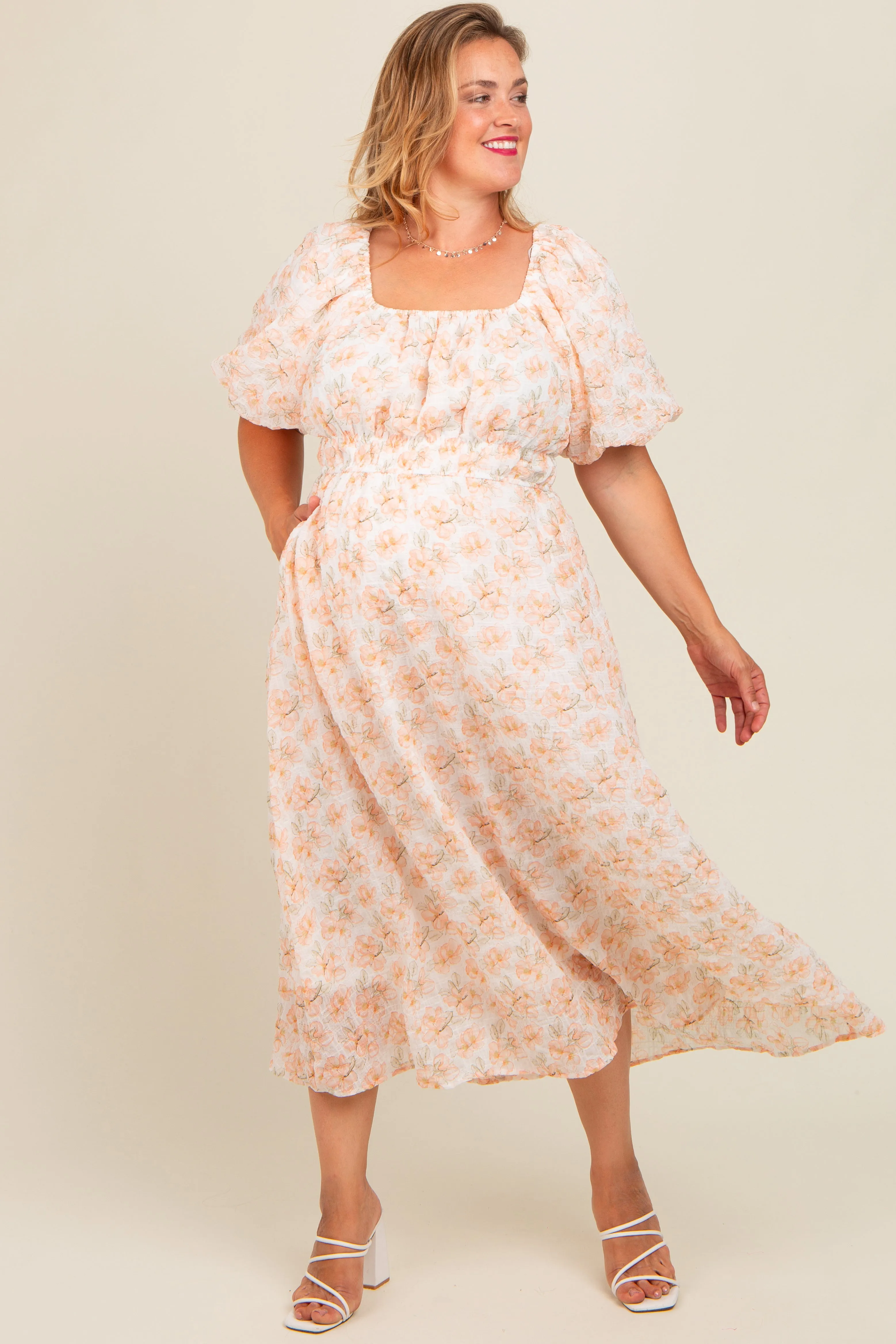 Peach Floral Puff Sleeve Maternity Plus Midi Dress sold by Pinkblush