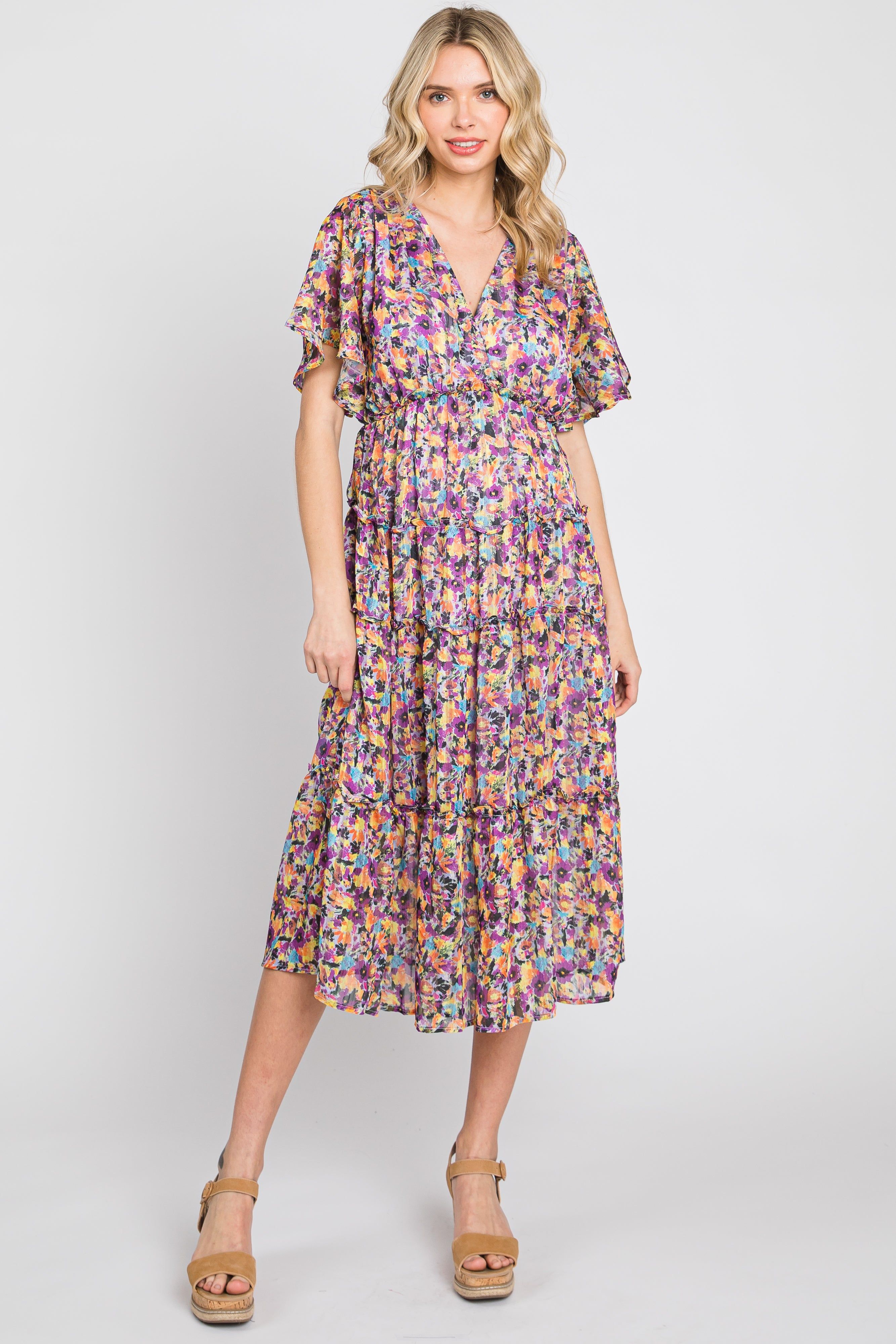 Violet Metallic Striped Chiffon Ruffle Tiered Maternity Midi Dress sold by Pinkblush product image thumbnail 5