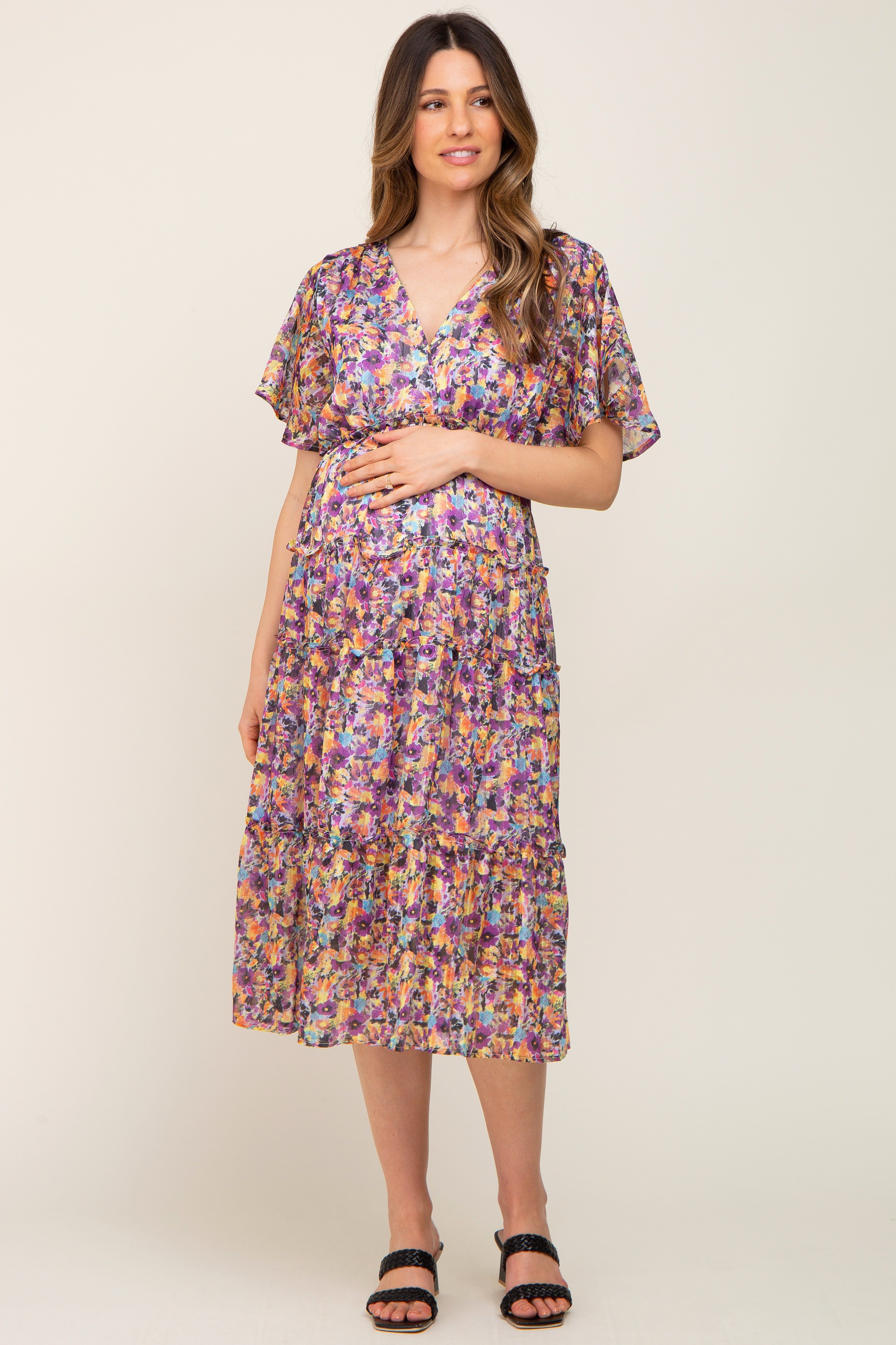 Violet Metallic Striped Chiffon Ruffle Tiered Maternity Midi Dress sold by Pinkblush product image thumbnail 2