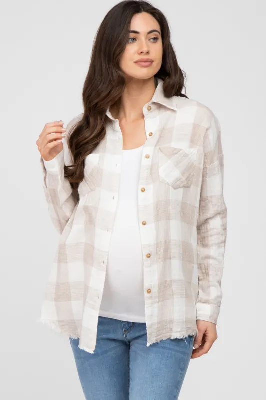 Taupe Plaid Button Front Long Sleeve Maternity Top sold by Pinkblush