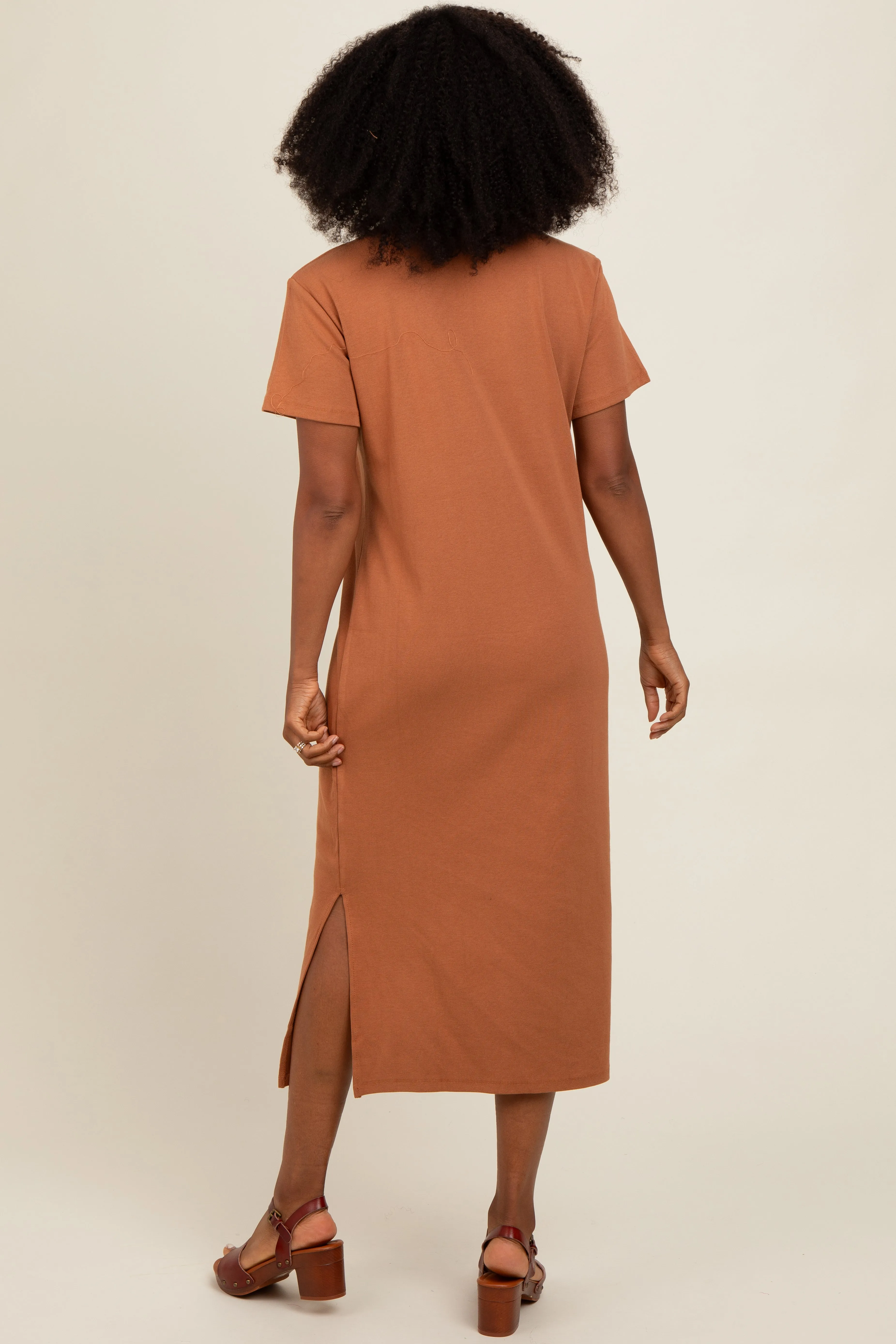 Camel Short Sleeve Side Slit T-Shirt Midi Dress sold by Pinkblush product image thumbnail 4