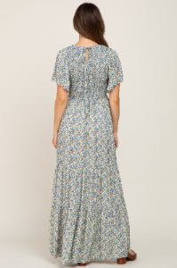 Blue Floral Smocked Tiered Maternity Maxi Dress sold by Pinkblush