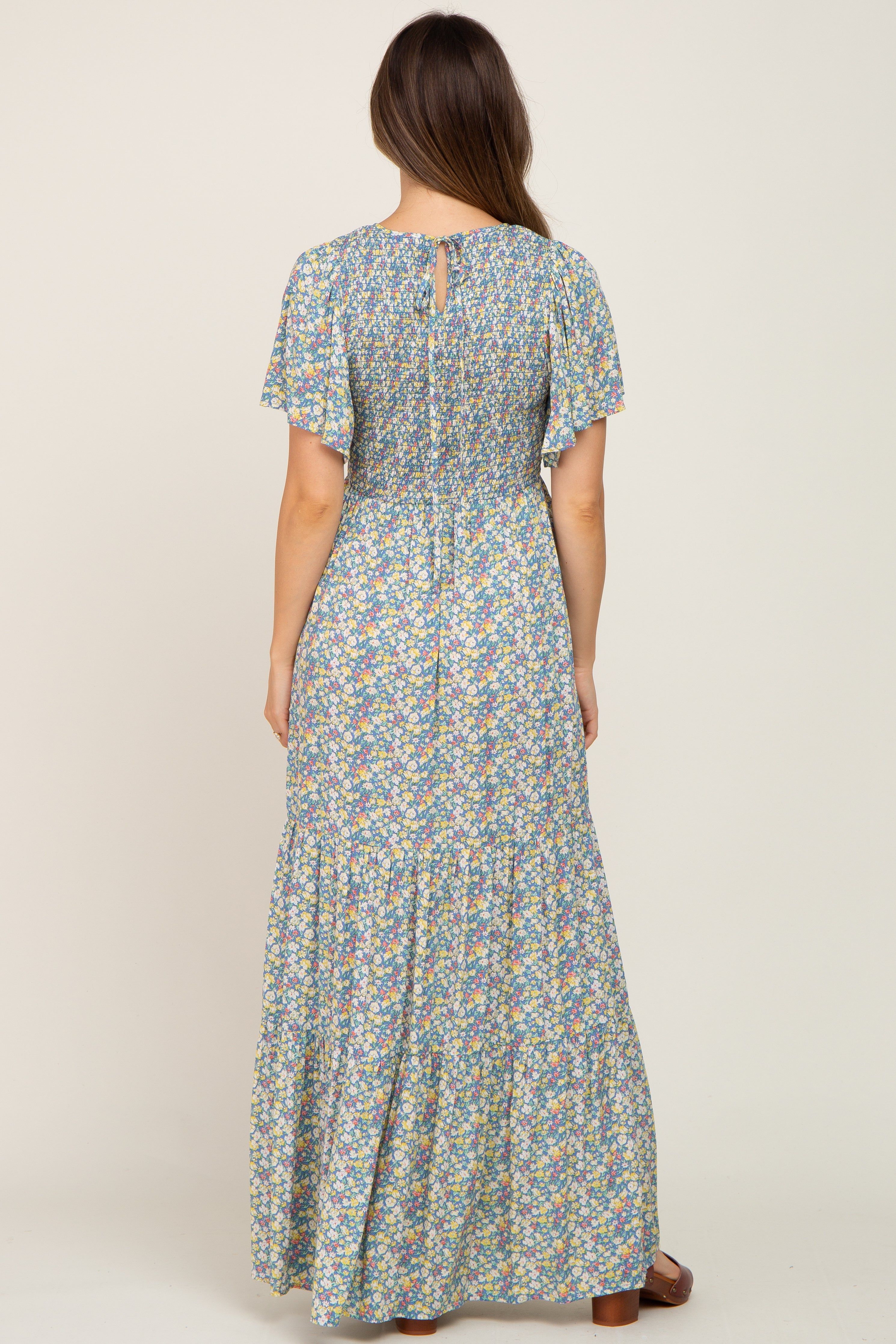 Blue Floral Smocked Tiered Maternity Maxi Dress sold by Pinkblush product image thumbnail 3