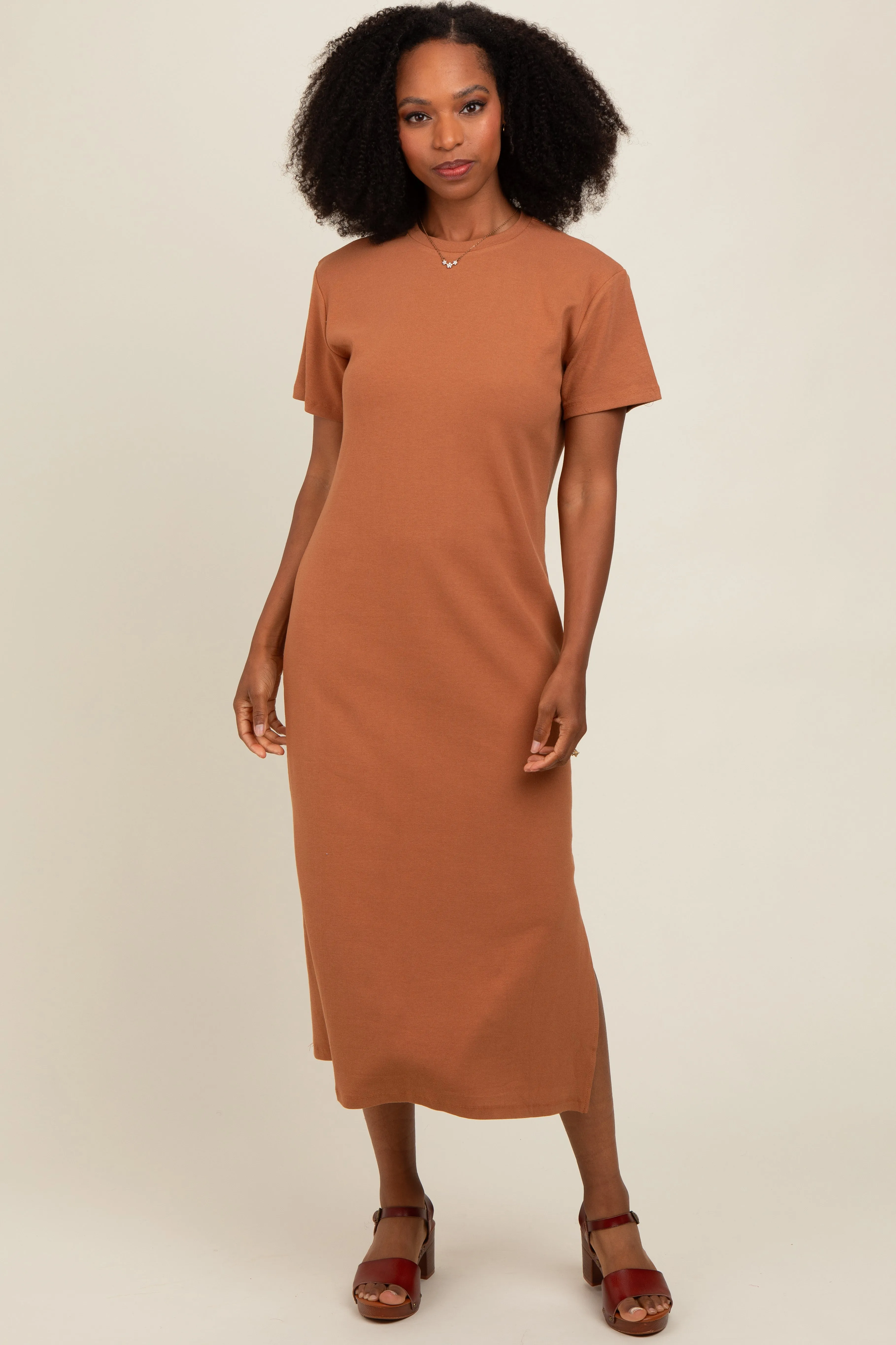 Camel Short Sleeve Side Slit T-Shirt Midi Dress sold by Pinkblush
