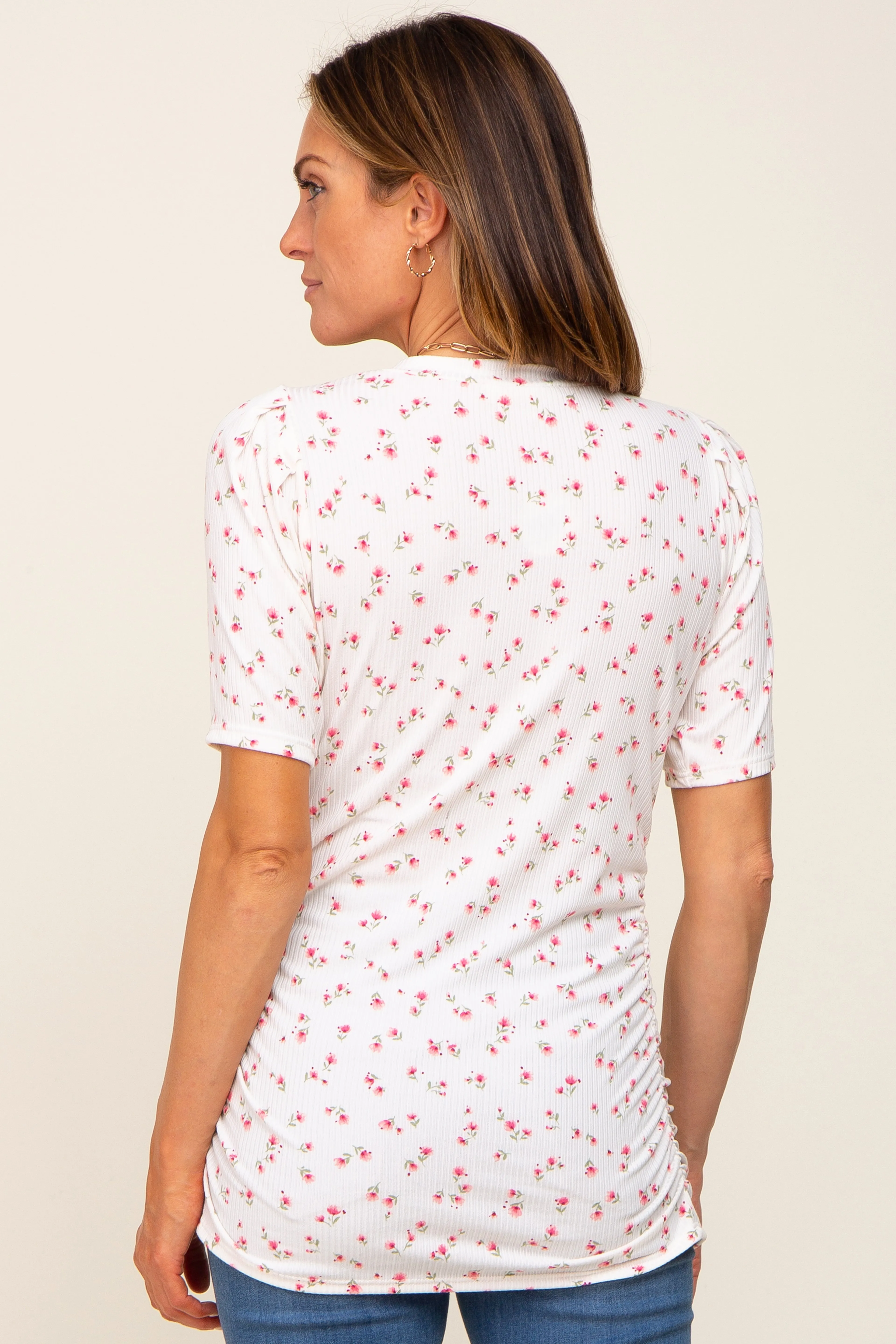 Ivory Floral Side Ruched Short Sleeve Top sold by Pinkblush product image thumbnail 3