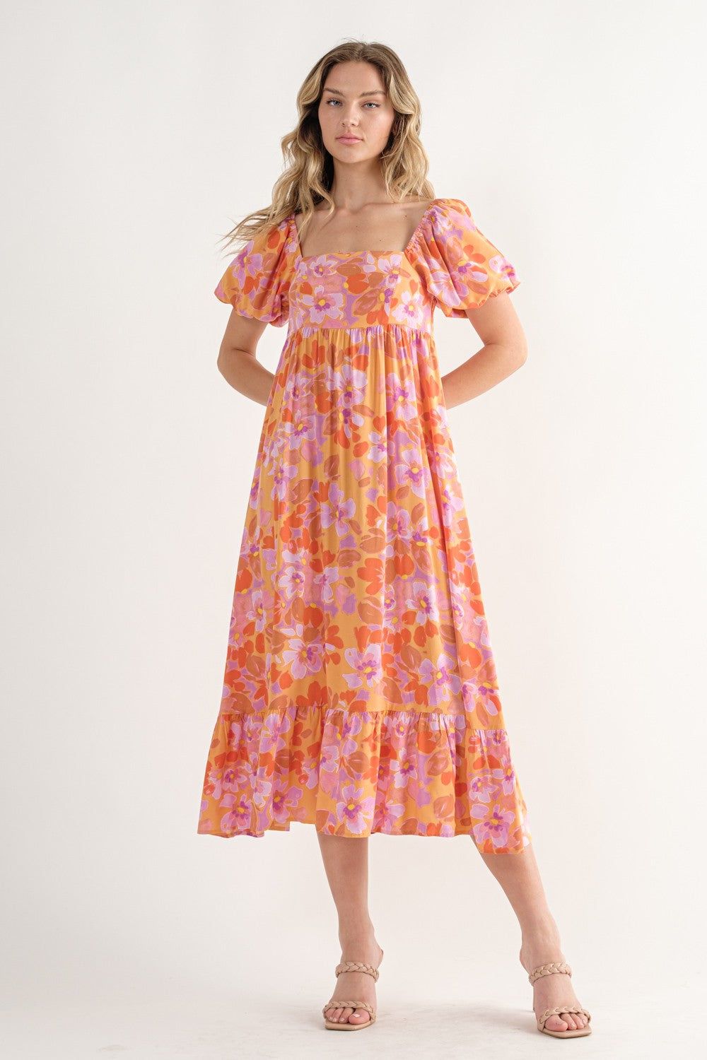 Orange Floral Square Neck Short Puff Sleeve Midi Dress sold by Pinkblush product image thumbnail 4