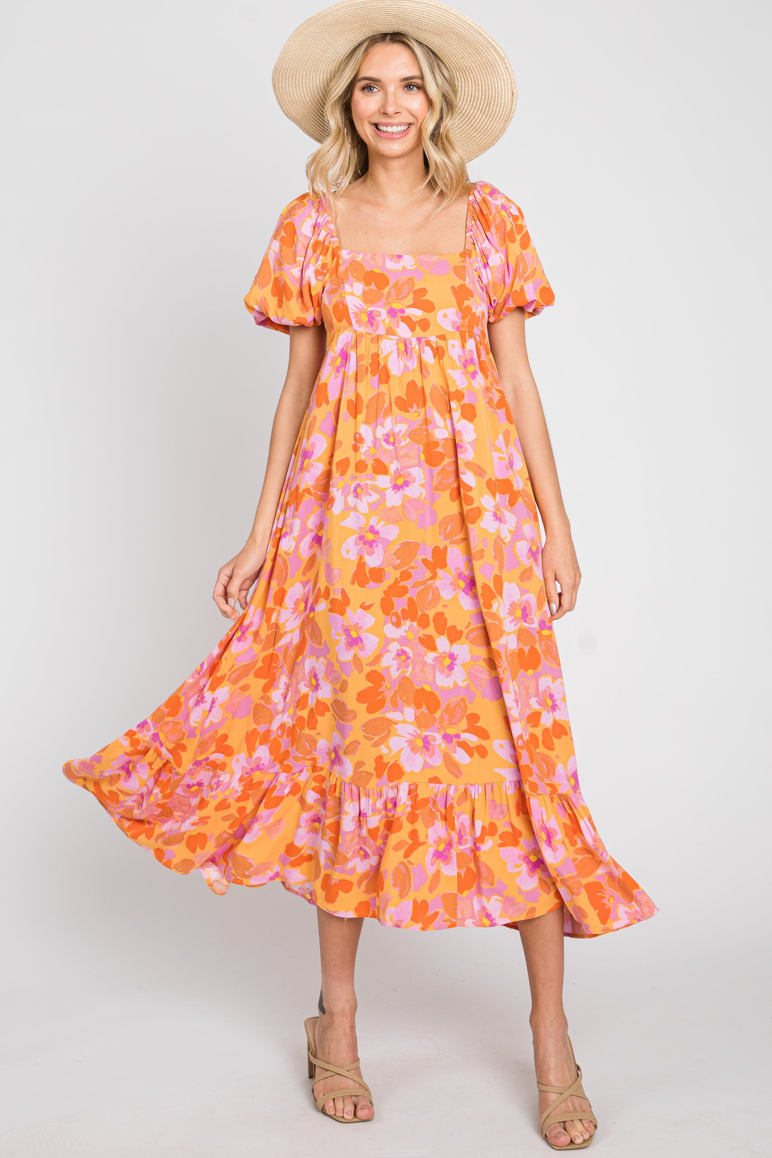 Orange Floral Square Neck Short Puff Sleeve Midi Dress sold by Pinkblush