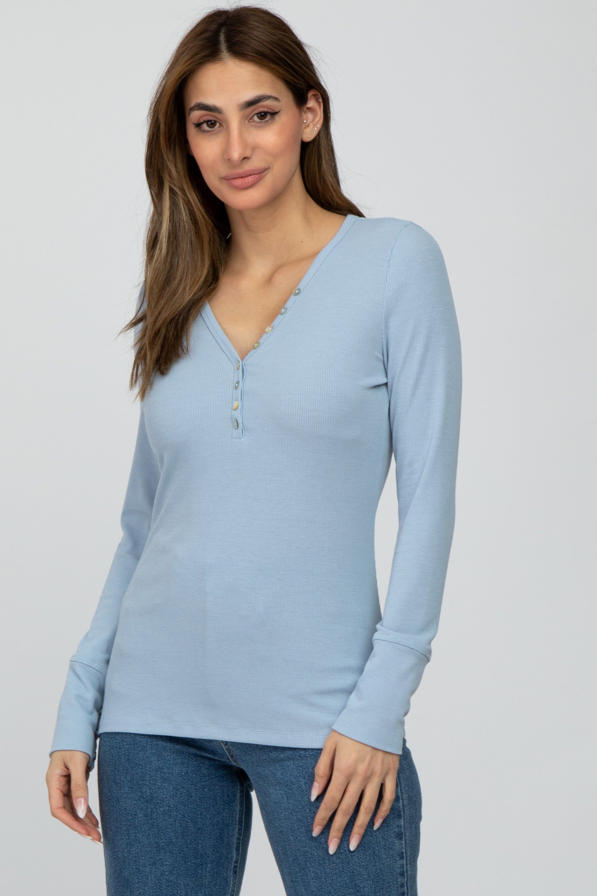 Light Blue Ribbed Button Front Long Sleeve Top sold by Pinkblush