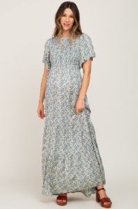 Blue Floral Smocked Tiered Maternity Maxi Dress sold by Pinkblush