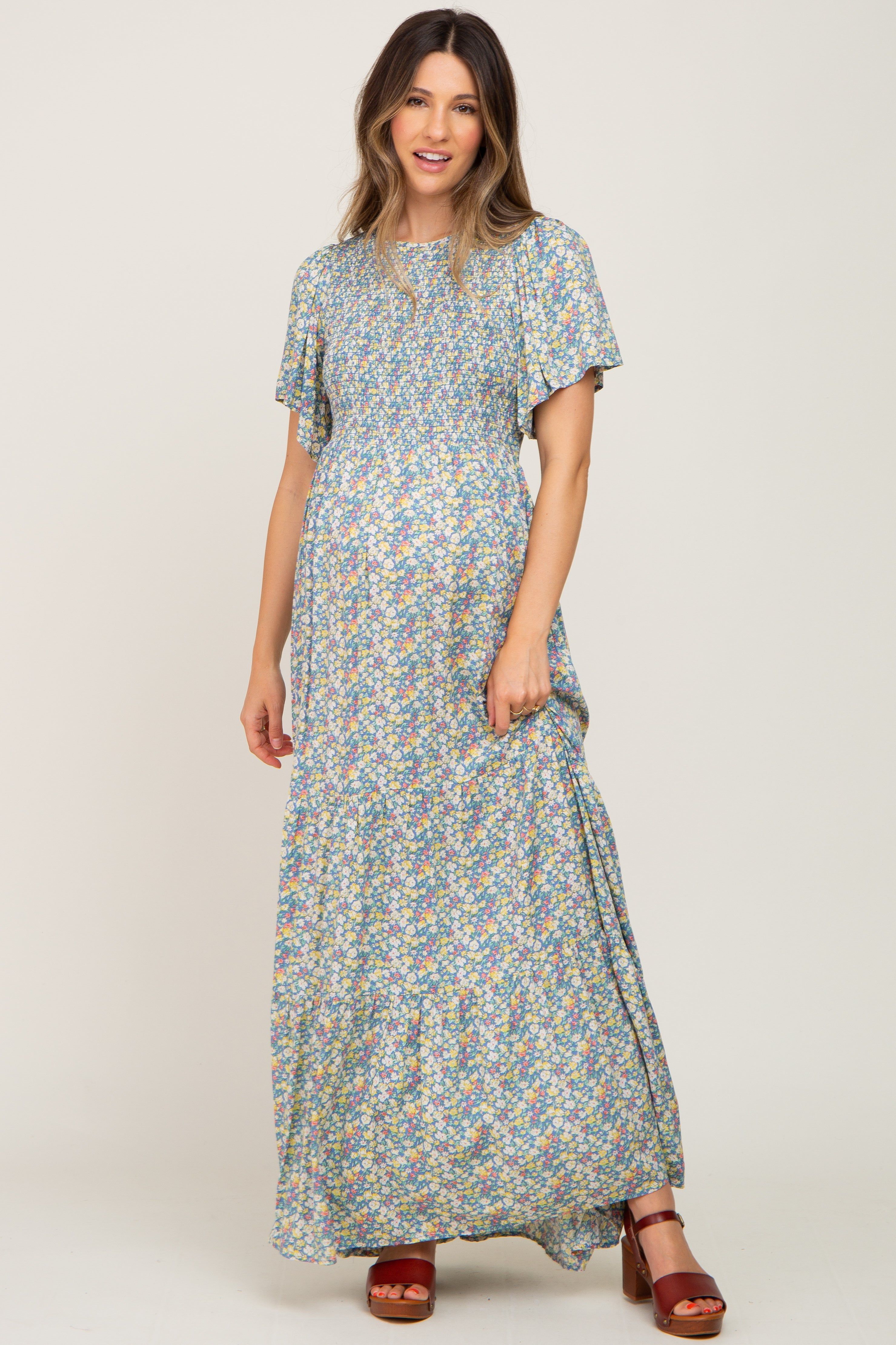 Blue Floral Smocked Tiered Maternity Maxi Dress sold by Pinkblush product image thumbnail 4