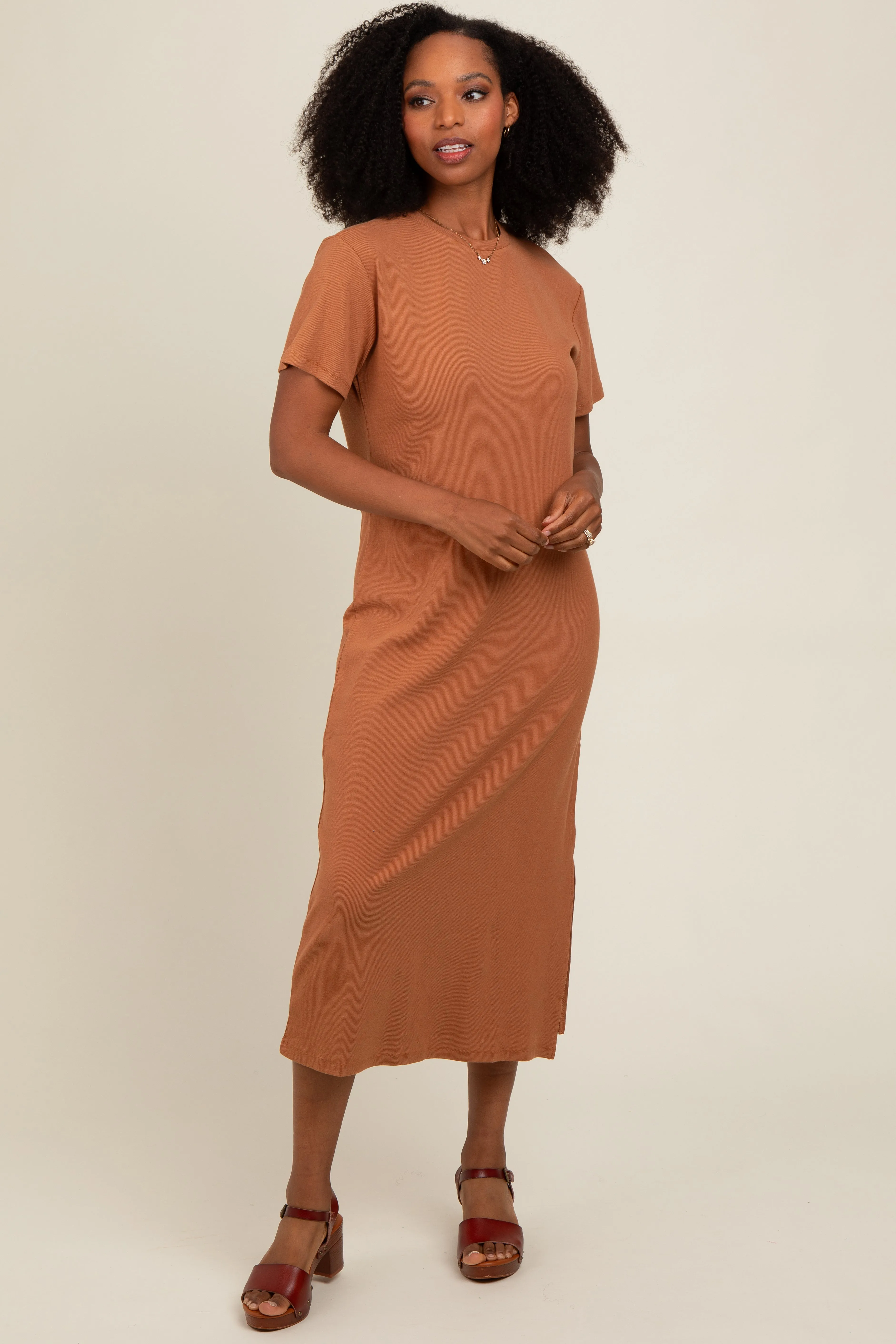 Camel Short Sleeve Side Slit T-Shirt Midi Dress sold by Pinkblush product image thumbnail 2