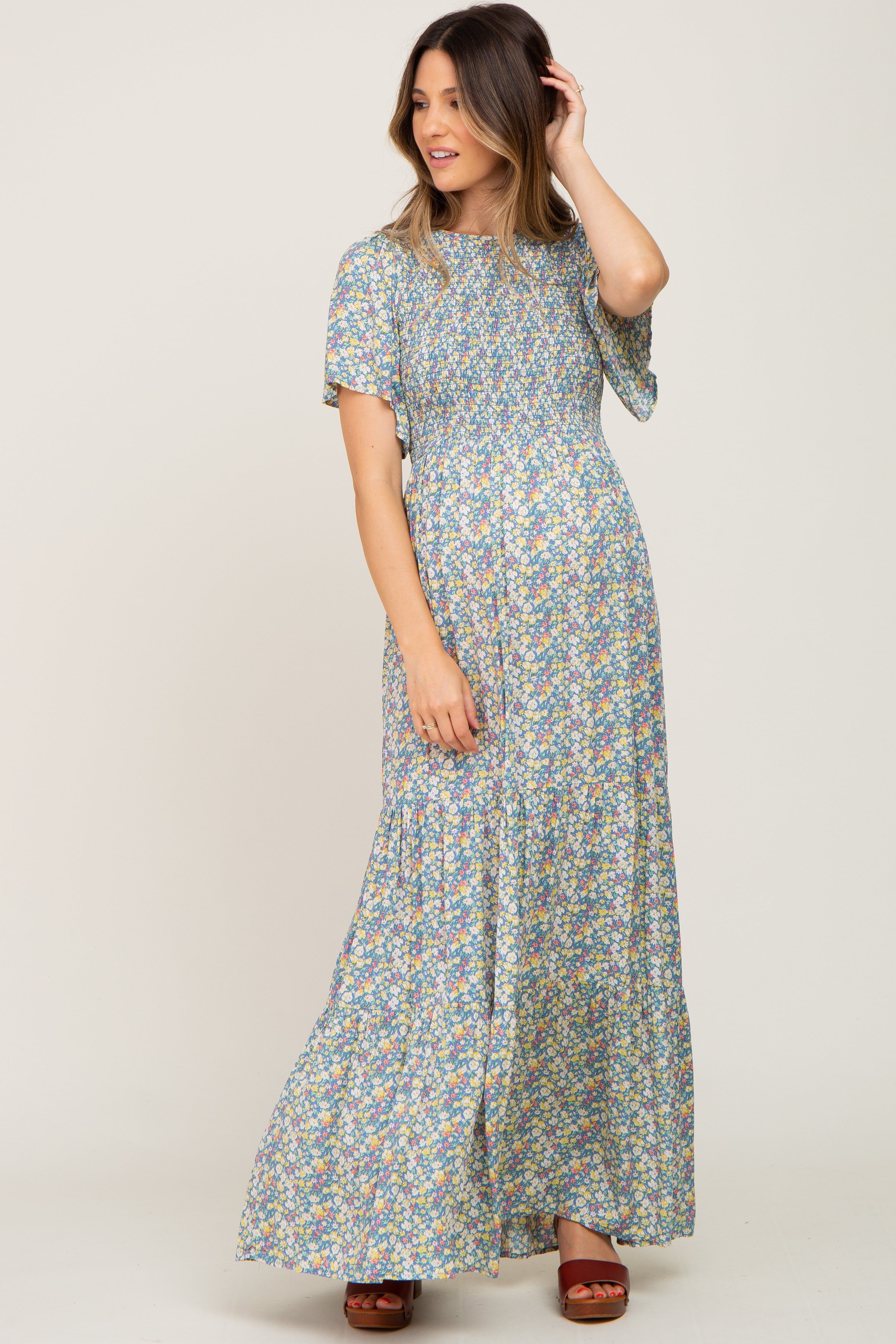 Blue Floral Smocked Tiered Maternity Maxi Dress sold by Pinkblush