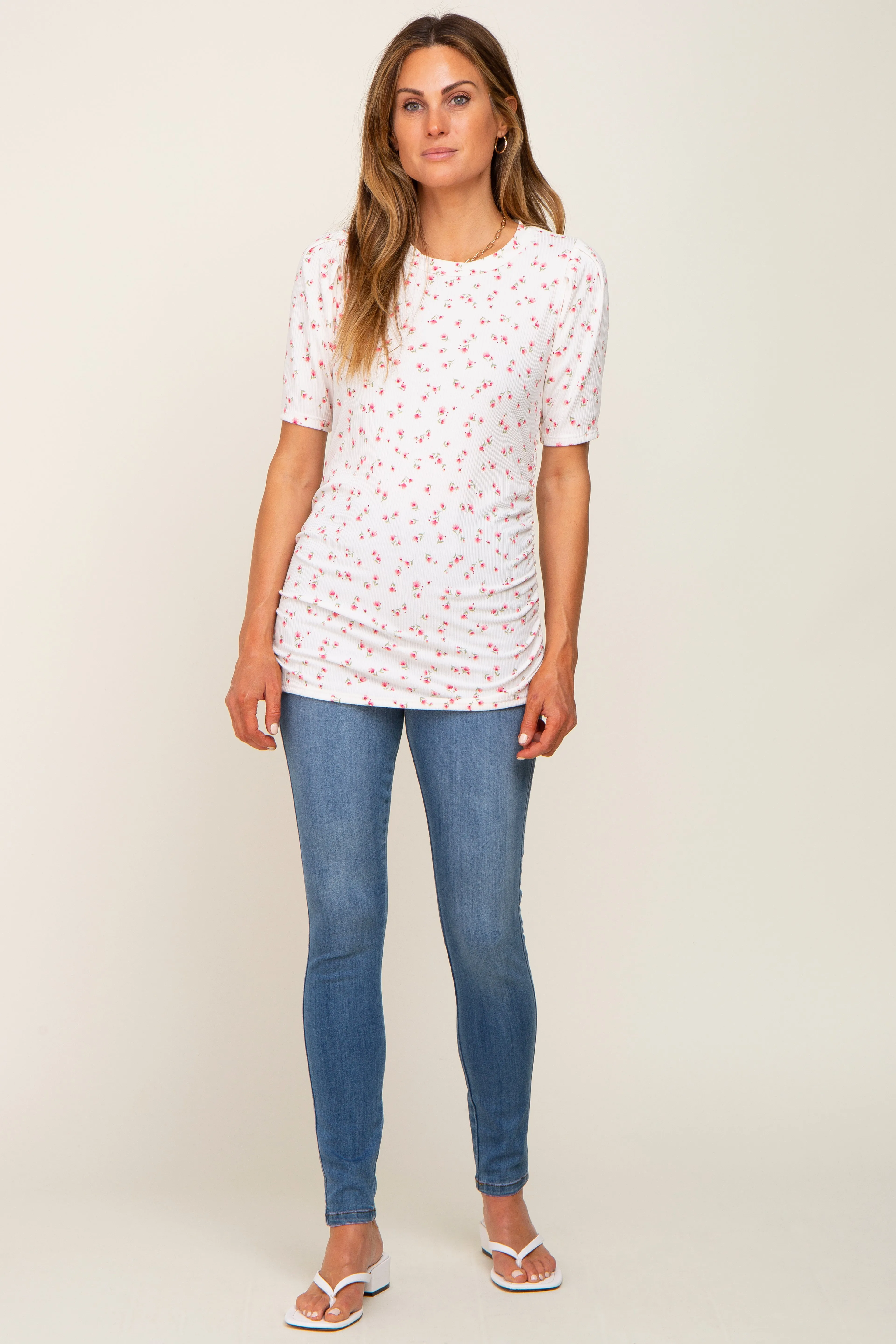 Ivory Floral Side Ruched Short Sleeve Top sold by Pinkblush product image thumbnail 4