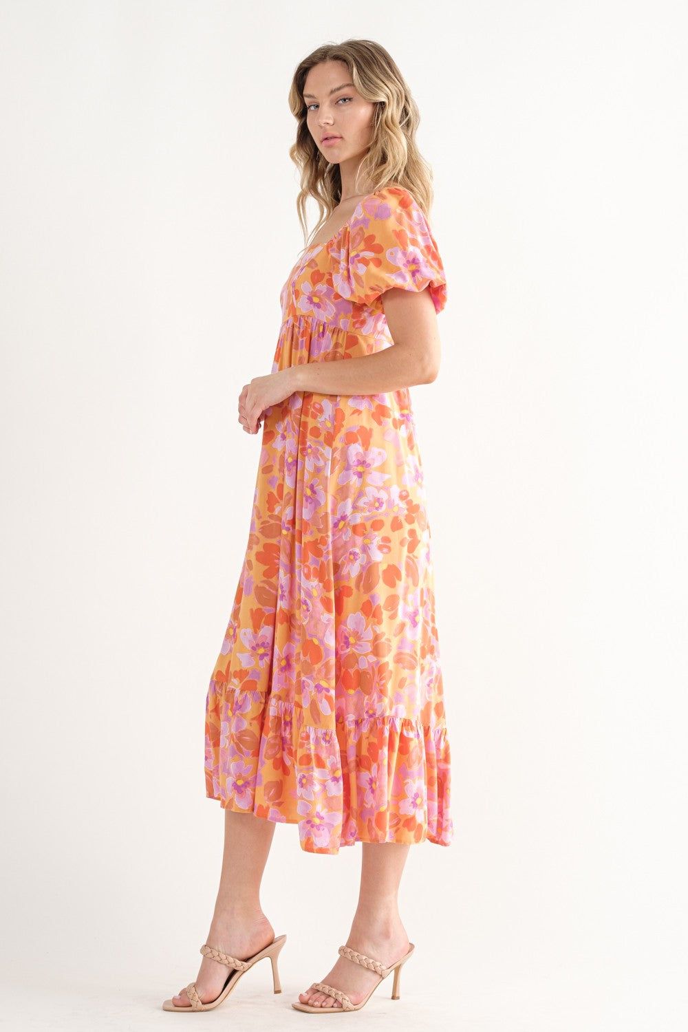 Orange Floral Square Neck Short Puff Sleeve Midi Dress sold by Pinkblush product image thumbnail 5