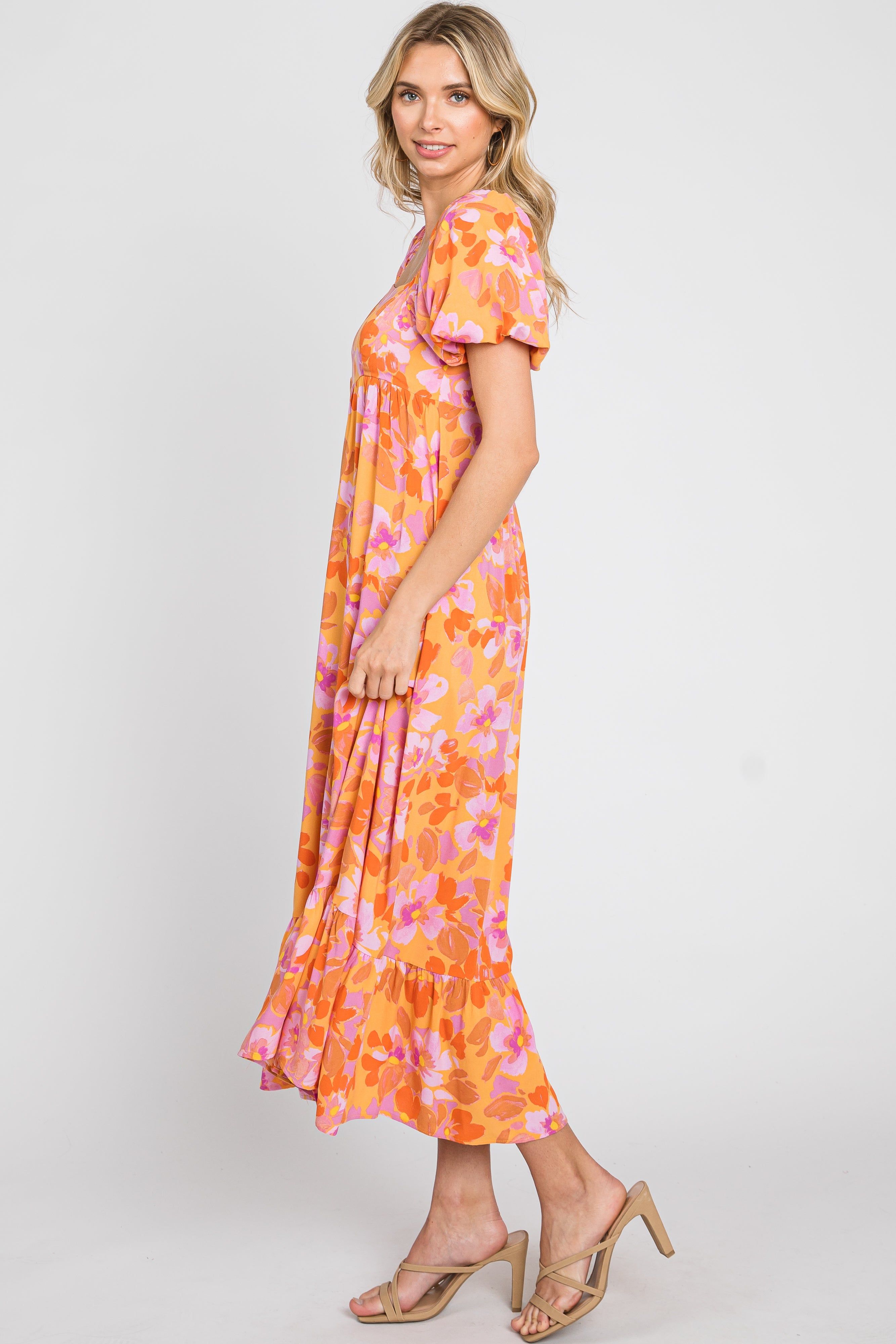 Orange Floral Square Neck Short Puff Sleeve Midi Dress sold by Pinkblush product image thumbnail 2